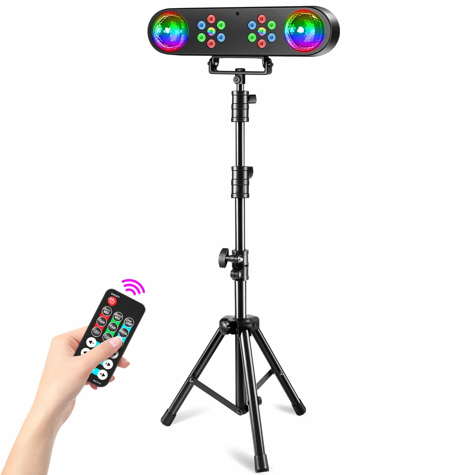 Luz de discoteca 4 en 1 con soporte, bolas de discoteca, luces PAR y mando a distancia,Sistema de iluminación de escenario con sonido activado, para bar, mudanza, boda, Halloween, Navidad