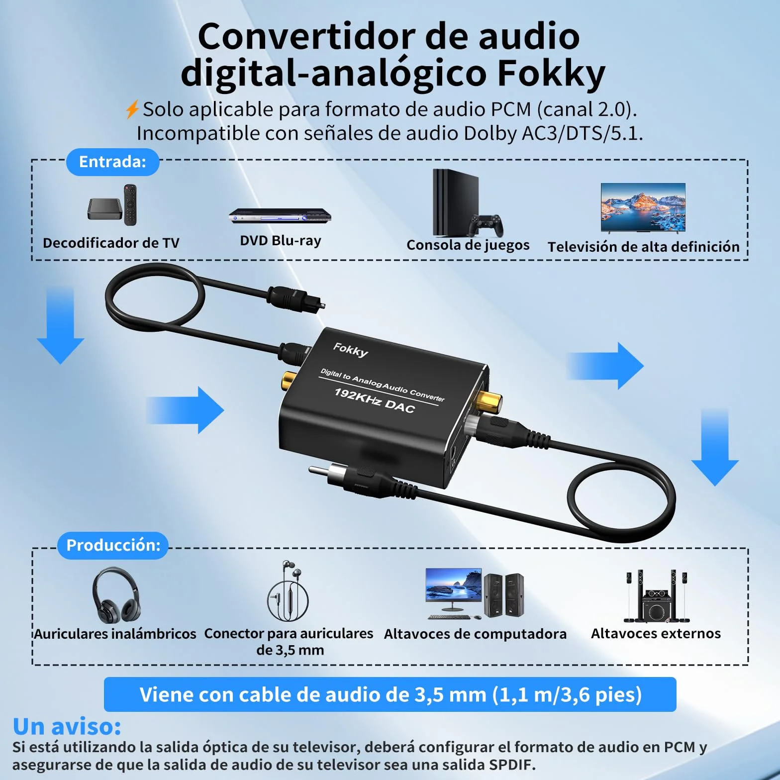 Fokky 192kHz DAC Convertidor Digital a Analógico Óptico Coaxial Toslink Estéreo L/R Jack 3.5mm