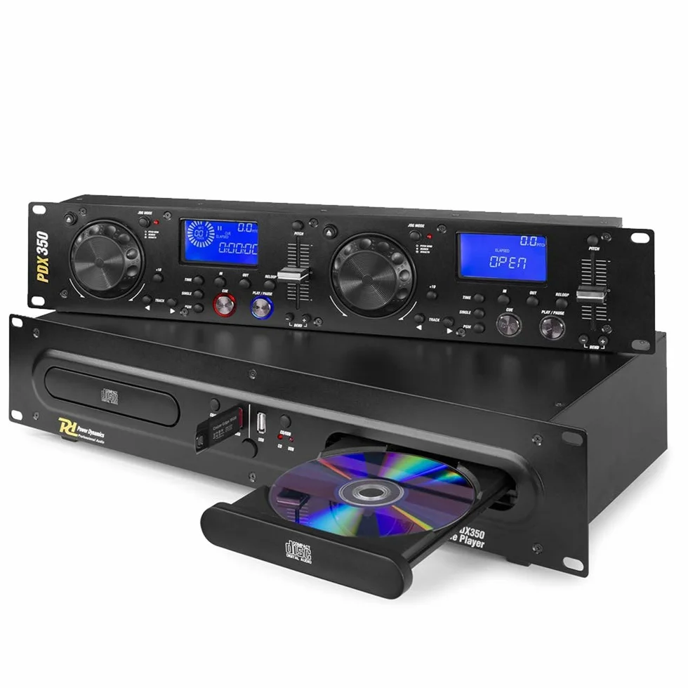 Power Dynamics PDX350 Dual DJ CD/USB Player Controller, Dual Player para PDX350: CD/USB /MP3, Anti-Choque con Buffer RAM, Reloop, 2X LC Display, Compatible con Rack 19", Negro