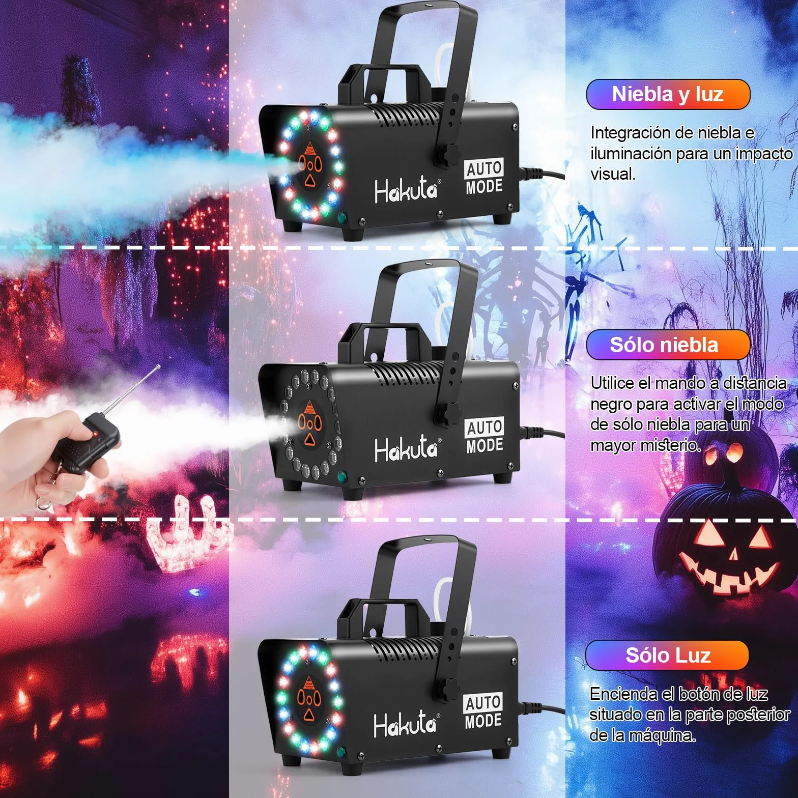 Hakuta Máquina de Niebla con 18 Luces LED, Mando a Distancia, Función Automática - Efecto Humo para Fiestas, Eventos en Interiores, Decoración Hogar (Negro)