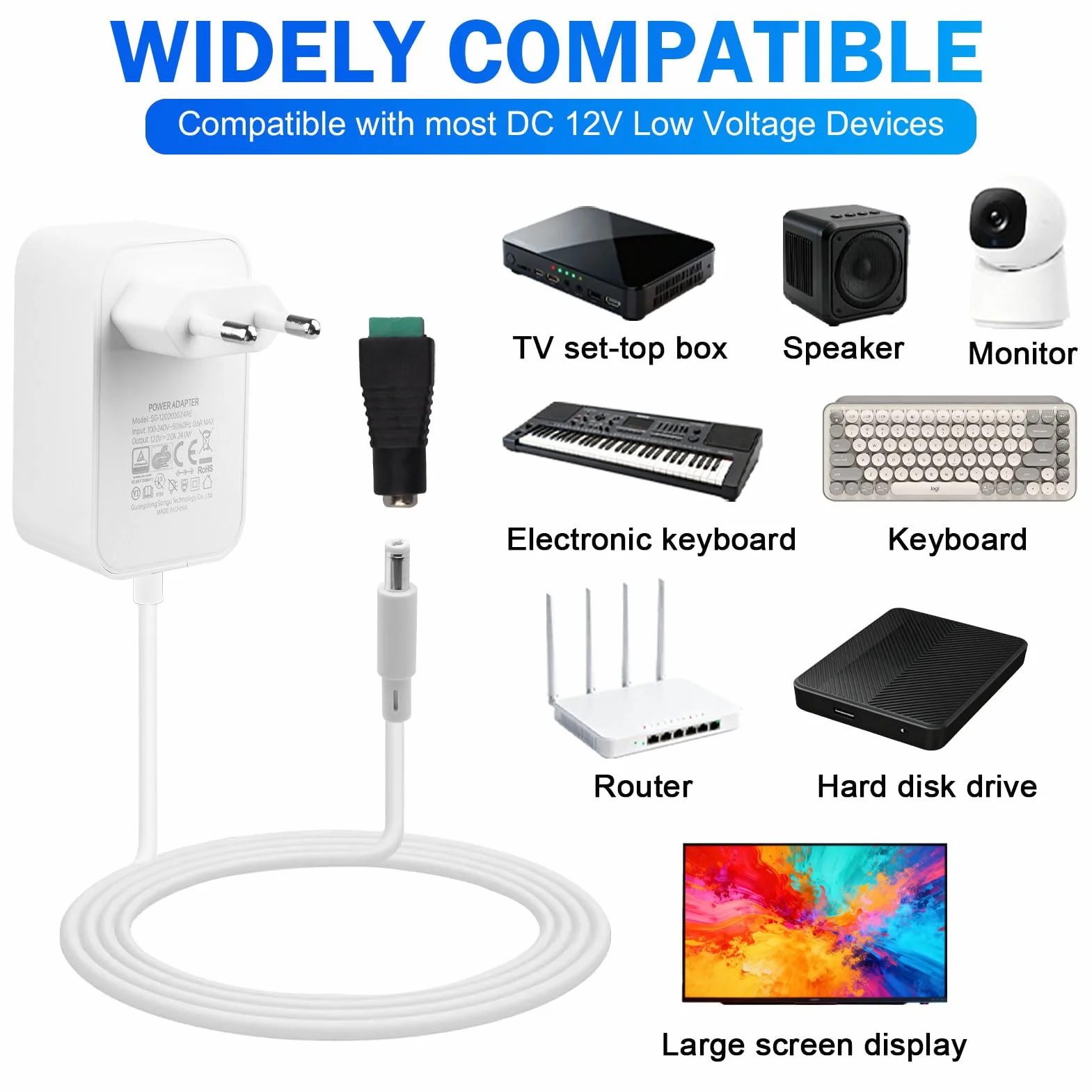 12V 2A Fuente de Alimentación Universal 24W AC/DC Adaptador de Corriente 100-240v 50/60hz Transformador 2000mA para Tiras Strisce LED, Cámaras CCTV Altavoces, Router 5,5x2,5mm Blanco