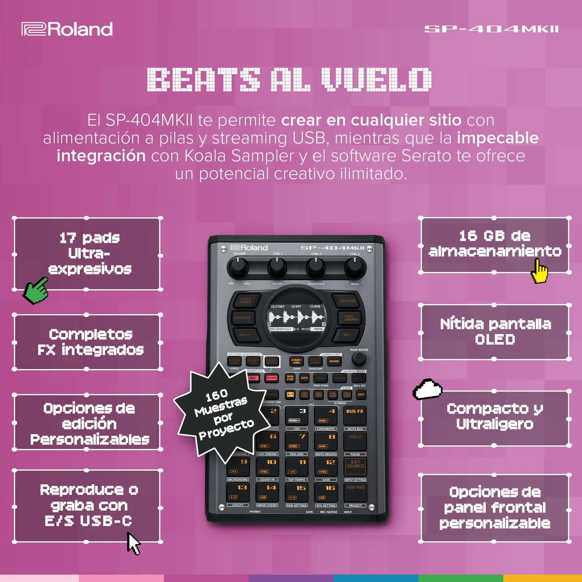 Roland SP-404MKII Sampler y procesador de efectos creativo | El mítico creador de beats SP-404 con mejoras de lujo | Proceso rápido | 16 GB de almacenamiento interno | Polifonía de 32 voces