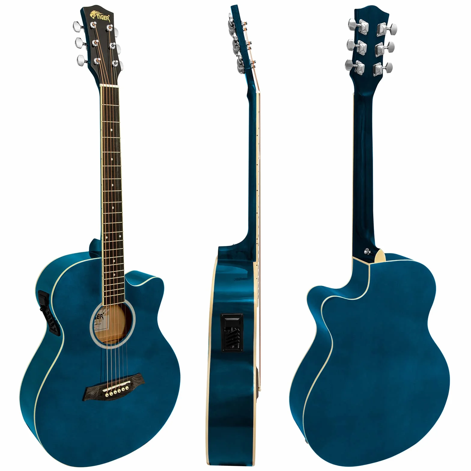 TIGER ACG4-BL Guitarra electroacústica para estudiantes de tamaño completo con ecualizador incorporado, funda, correa, cuerdas de repuesto y púas - Azul