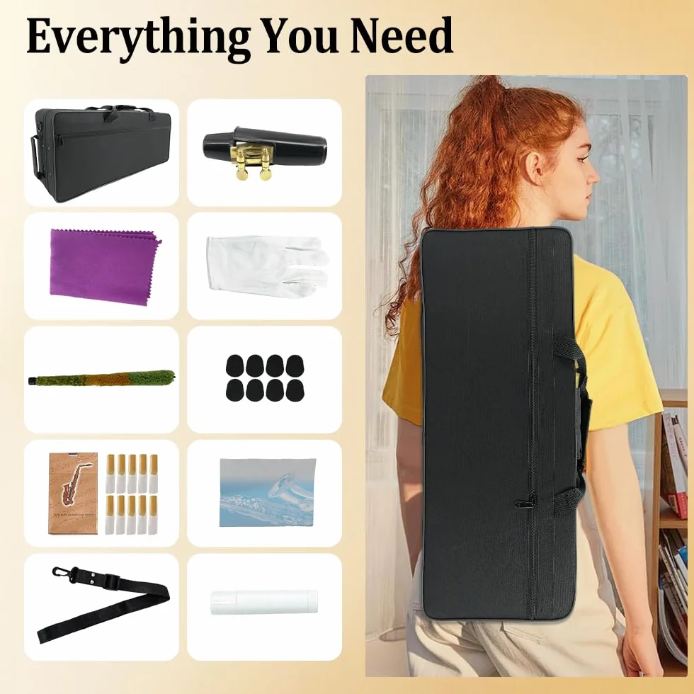 Yinfente Saxofón plano con 10 lengüetas, 8 almohadillas, funda rígida y más, para estudiantes, principiantes, adultos, saxofón alto, kit de saxofón(oro)