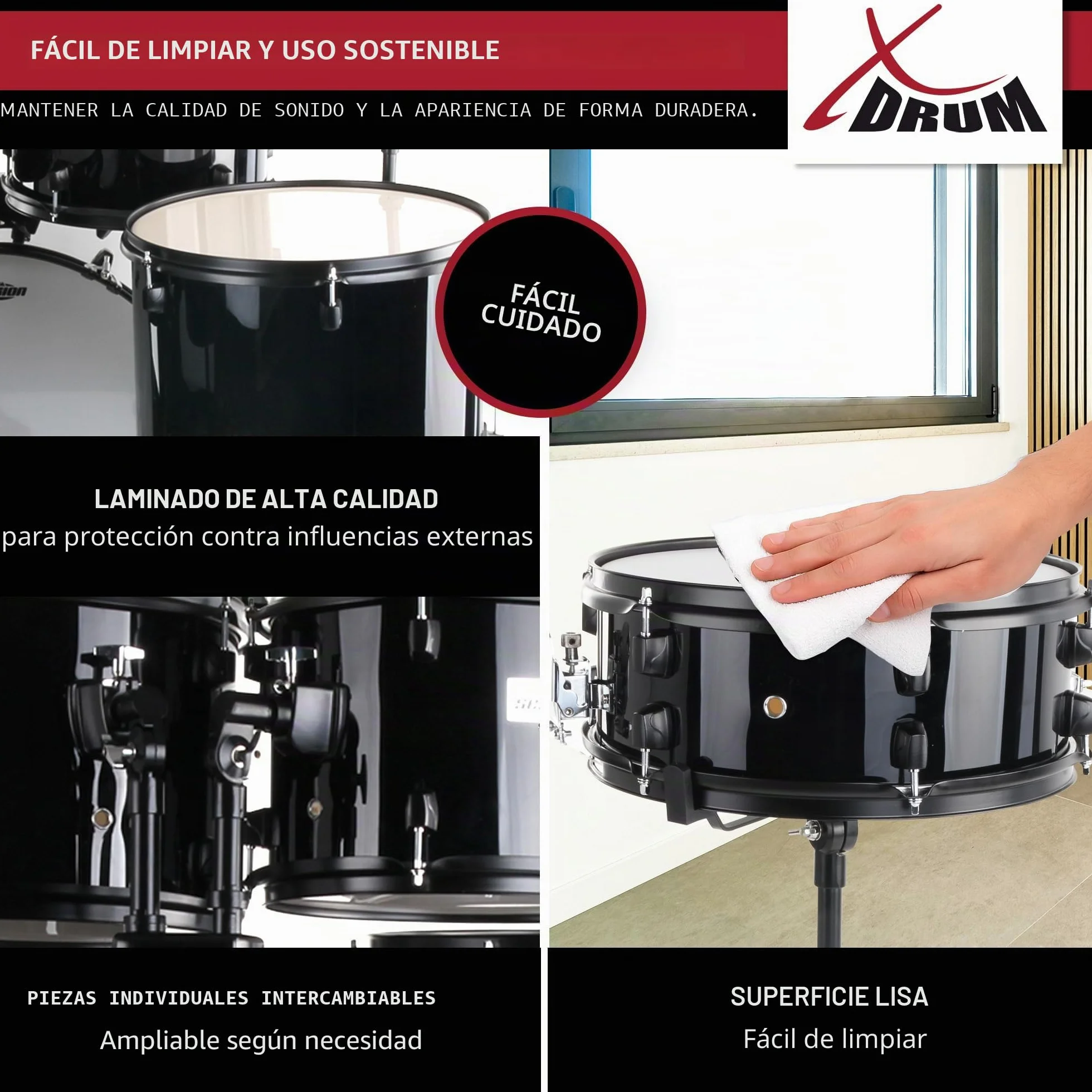 XDrum Rookie 22" Fusion Set Completo de Batería Black - Ideal para Principiantes - Hardware Estilizada en Negro - Incluye Baquetas, Manual de Montaje y Escuela de Batería - Negro