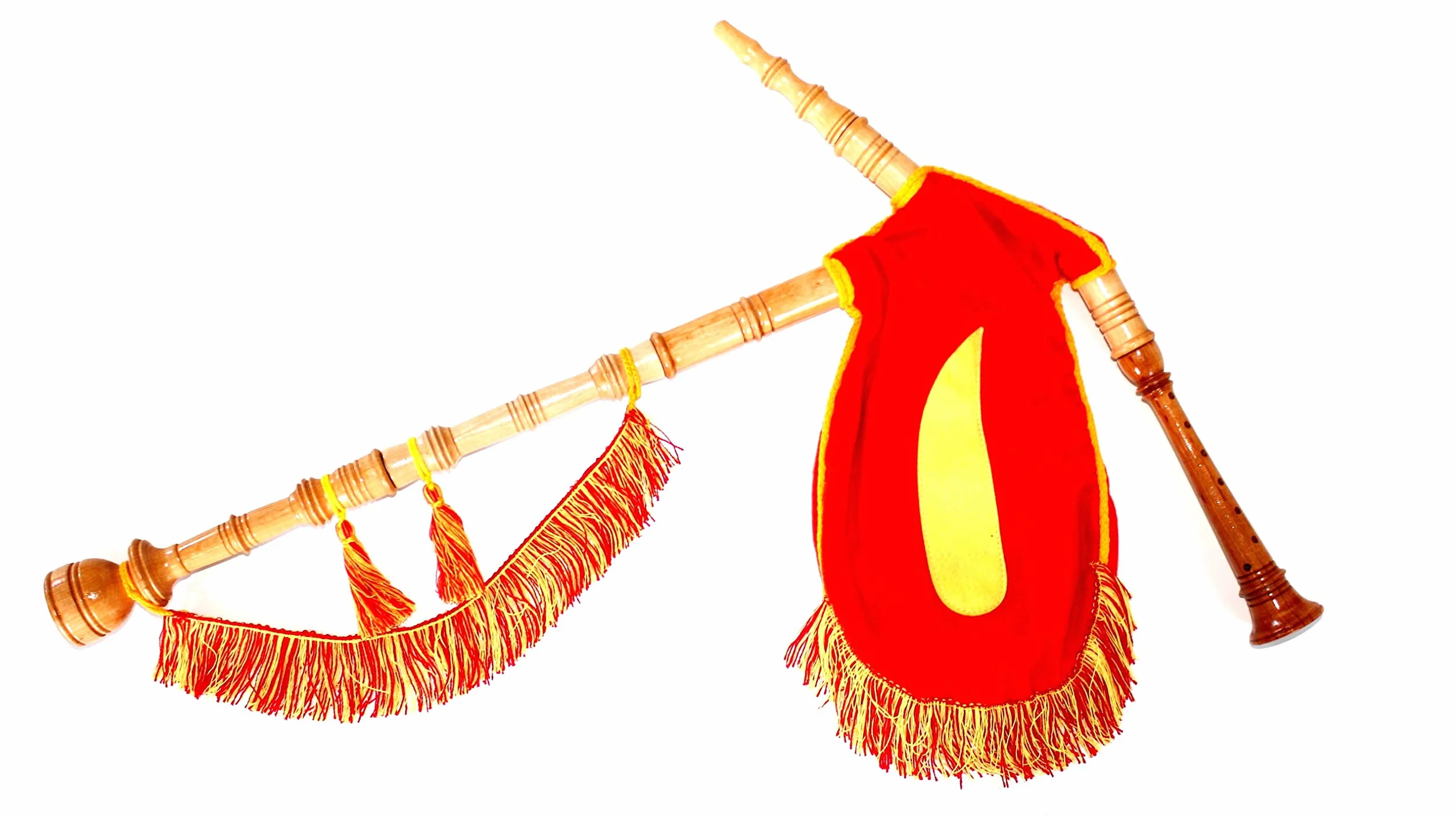 Gaita gallega Juguete, Fieltro Rojo lágrima Amarilla, Madera Fresno Lacado Natural, Fuelle Fieltro Rojo, Flecos Bandera española, Cordon Amarillo, para niños Que empiezan a Dar Sus primeras Notas.