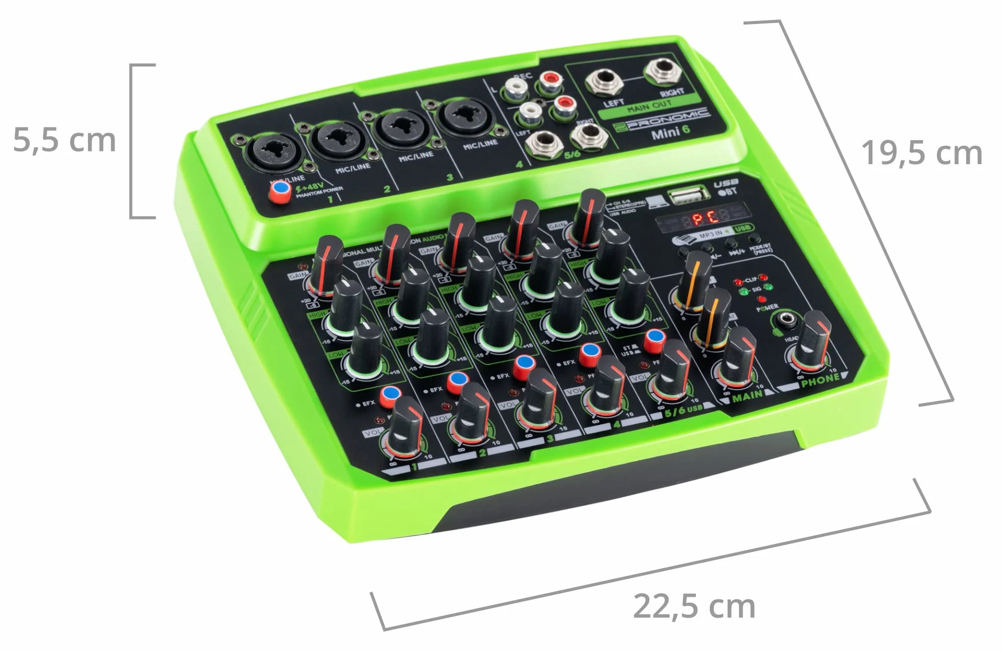Pronomic Mini6 Mesa de Mezclas USB - Mezclador de 6 Canales - 4 Canales con Entradas Combo - Entrada Estéreo - Reproductor/Grabador Multimedia con Bluetooth - Interfaz de Audio - Verde