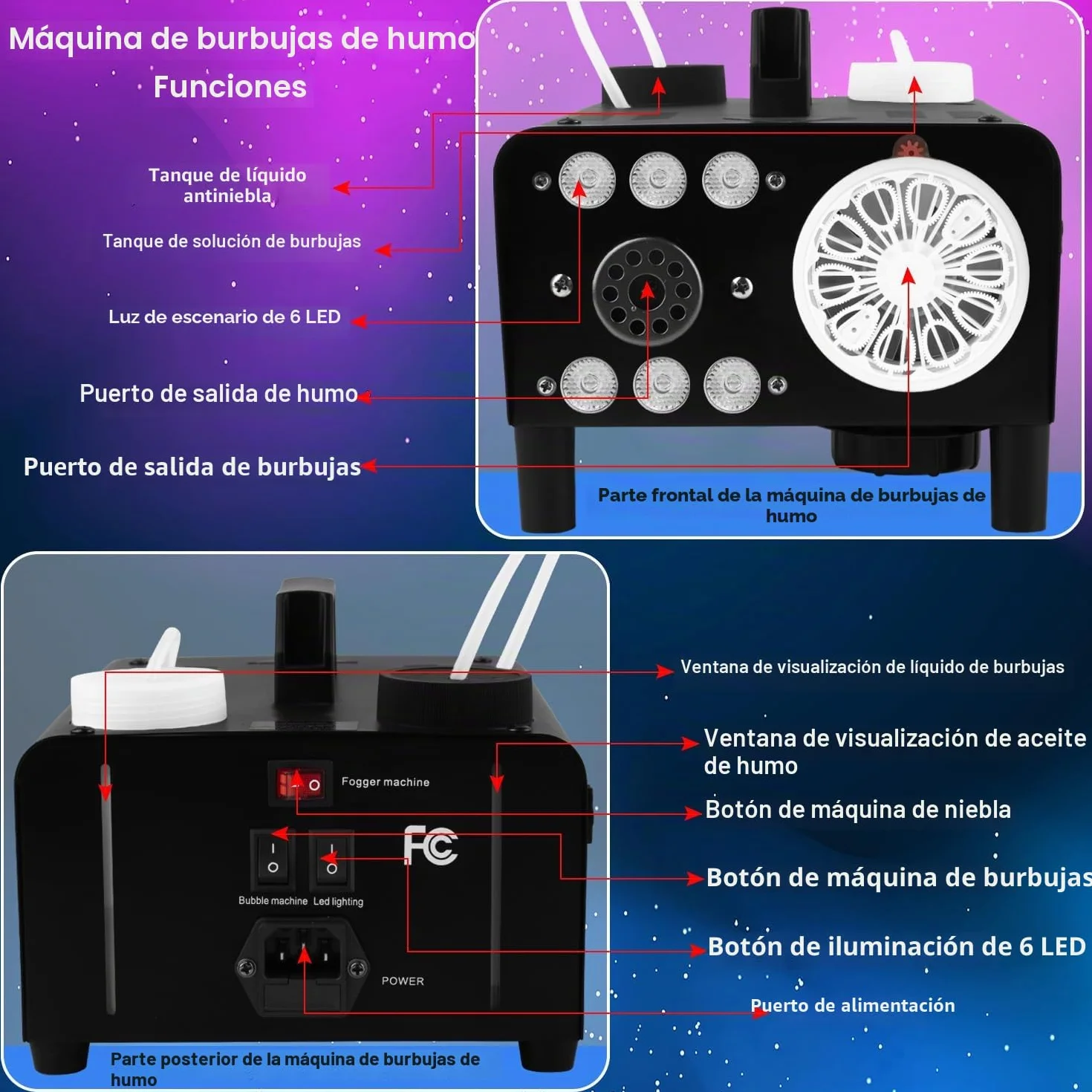 Máquina de burbujas de humo 3 en 1 con luces LED y mando a distancia inalámbrico, soplador de burbujas, iluminación RGB para fiestas, bodas, Halloween, Navidad