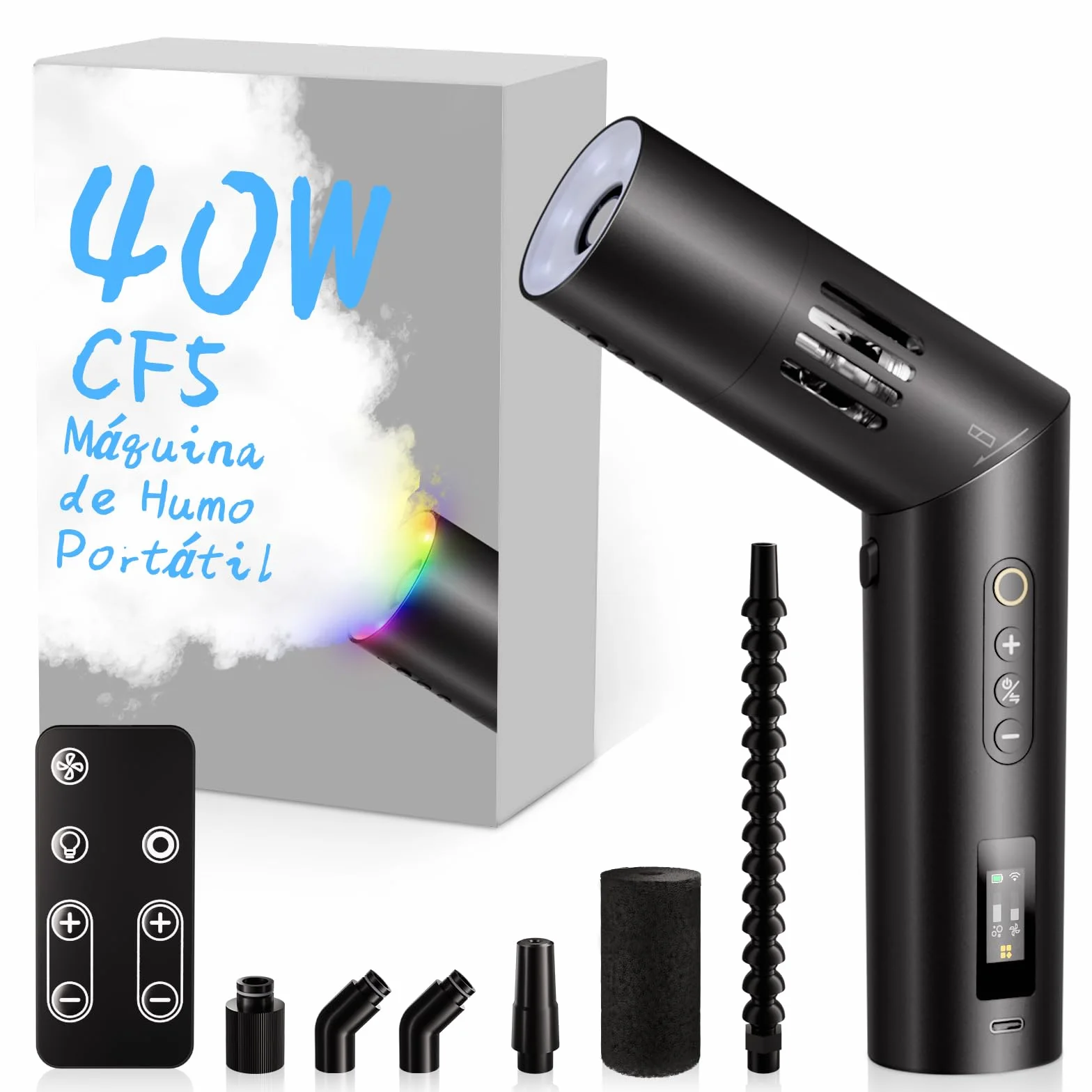 COLBOR Máquina de Humo 40W Recargable con Control Remoto, CF5 Mini máquina de Niebla Portátil con Ventilador RGB para Fotografía, Fiestas Interiores y Exteriores, Halloween, Cosplay