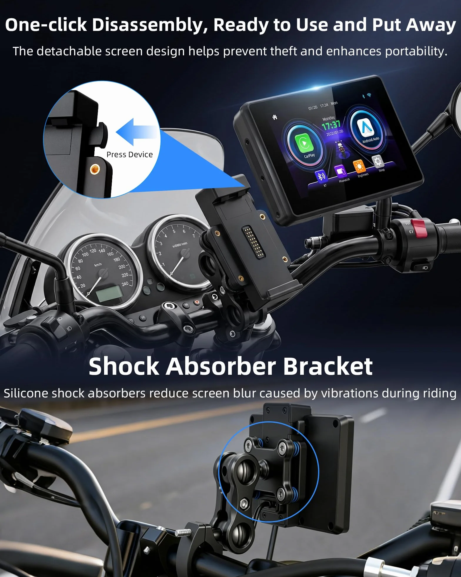 Universal Carplay Moto Soporte Adaptador Corriente GPS Navegador 5 Pulgadas Pantalla Táctil Impermeable 1000 nit Android Auto