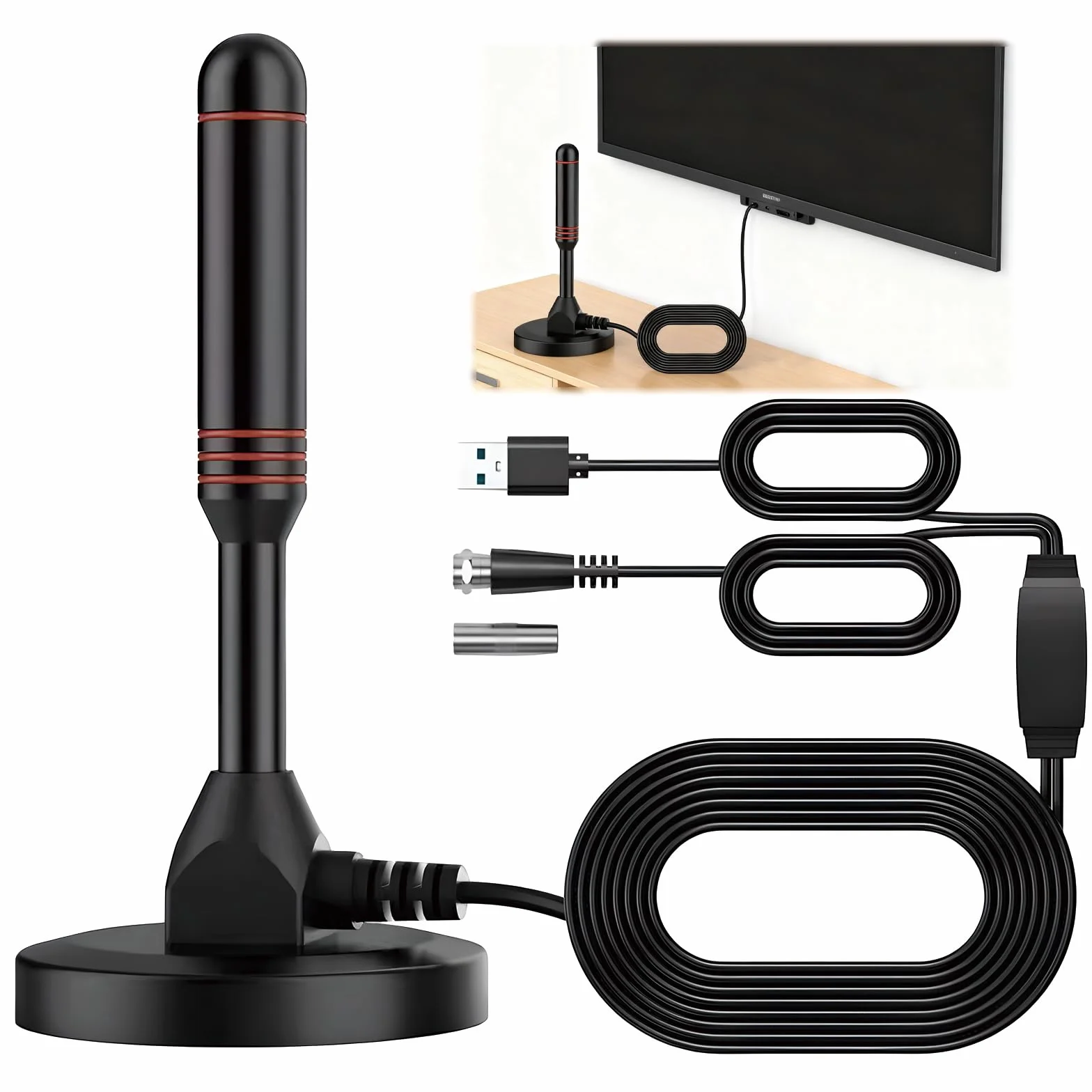 Antena TV Digital TDT Interior Portátil Base Magnética Núcleo Aluminio Compatible HDTV 4K 1080P VHF UHF DVB-T2/T