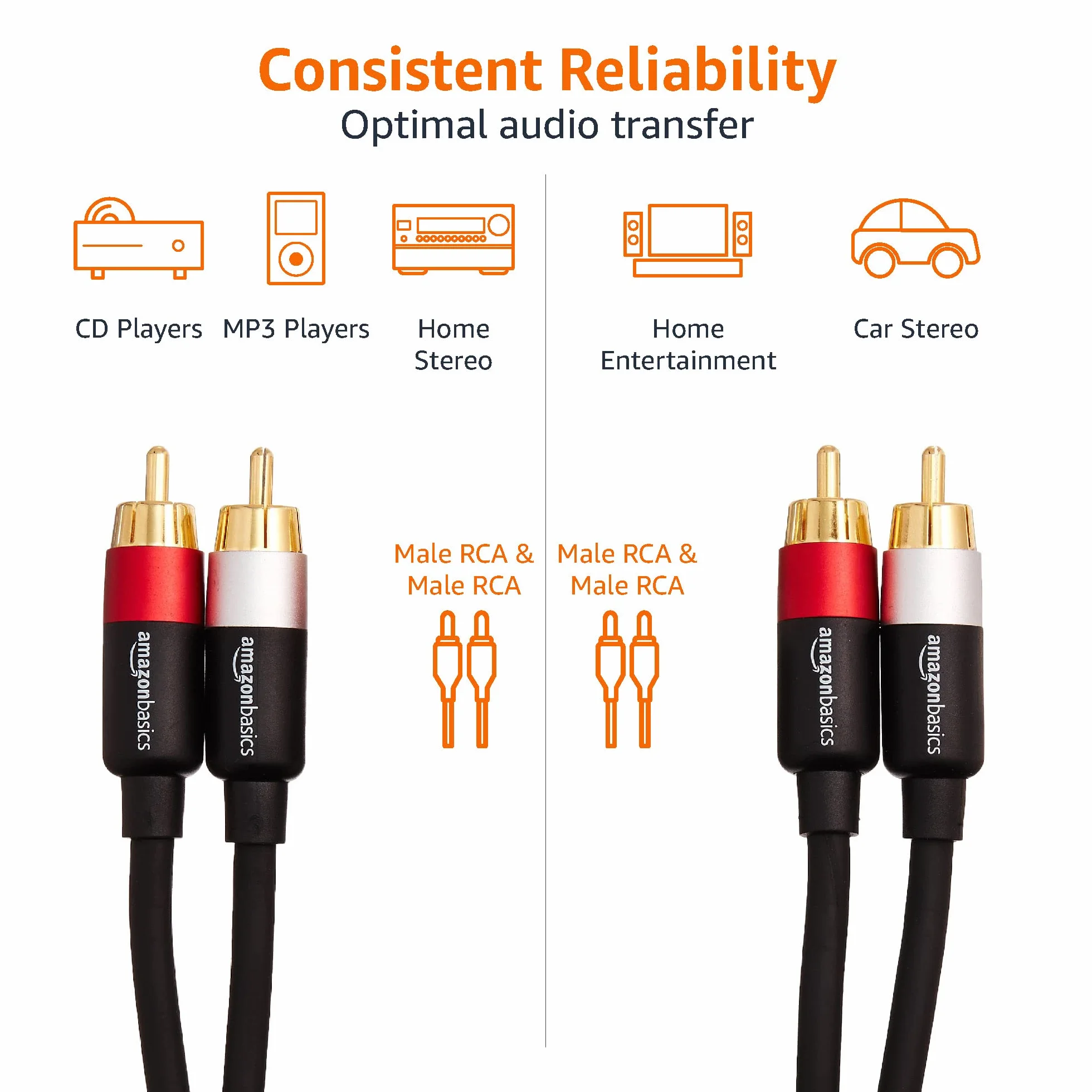 Amazon Basics 2 kable audio RCA 2.4 m pozłacane złącza czarny