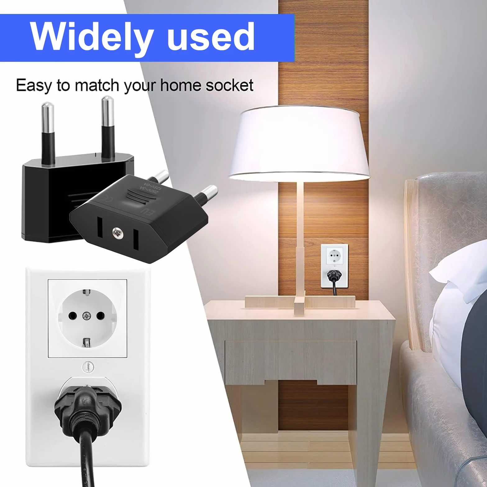 Adaptador Enchufe Americano a Europeo 4 Piezas, USA a España, Negro Compacto Viaje