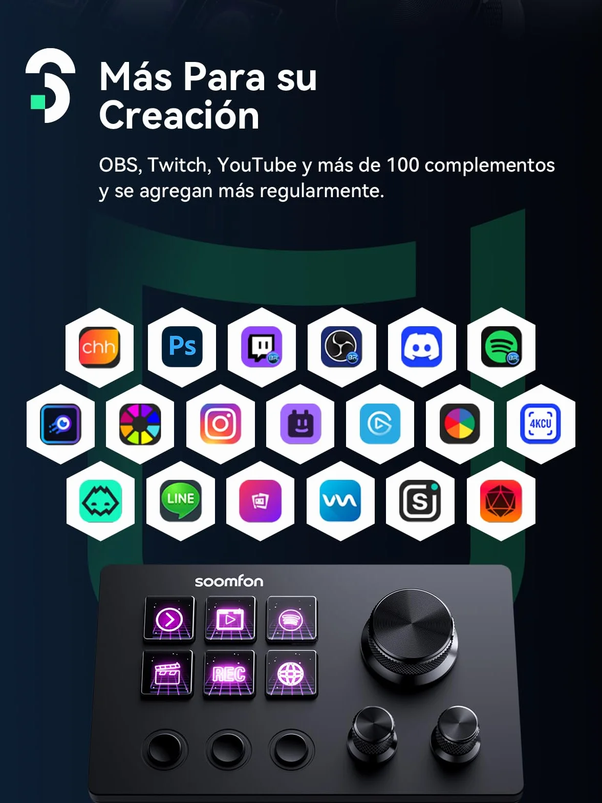 SOOMFON Stream Controller SE, Stream Studio Deck con 6 Teclas Macro LCD, Botones y Perillas, Production Console Deck Compatible con PC/Mac, Studio Controller para OBS, Streamlabs, Twitch y Youtube