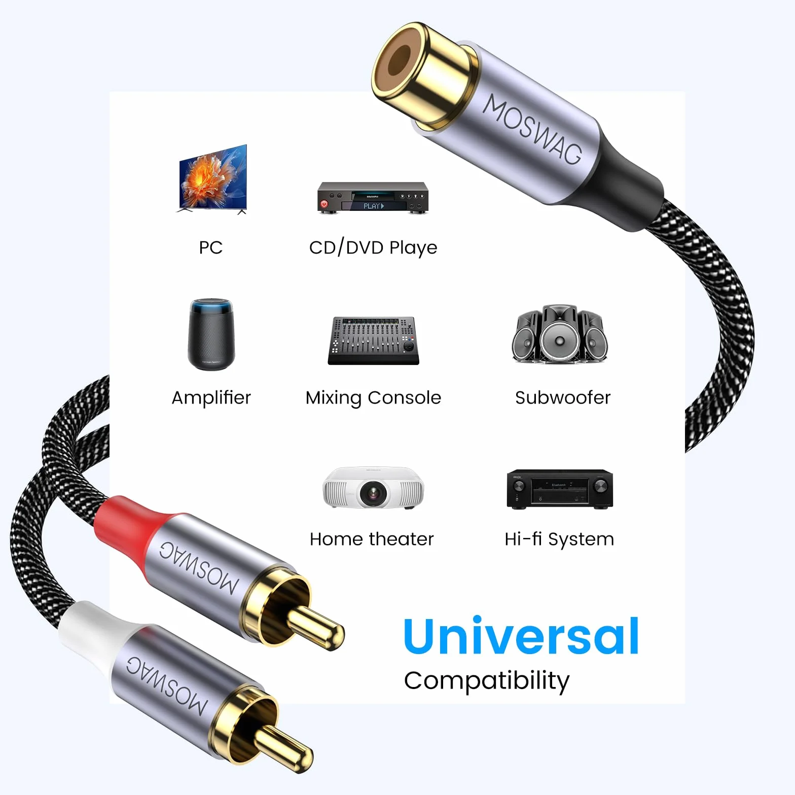 MOSWAG Divisor RCA de 1 hembra a 2 macho, 2 unidades, RCA Y Splitter Audio Video Cable adaptador divisor para amplificadores, consolas de juegos, reproductor de CD, subwoofer, cine en casa, HDTV