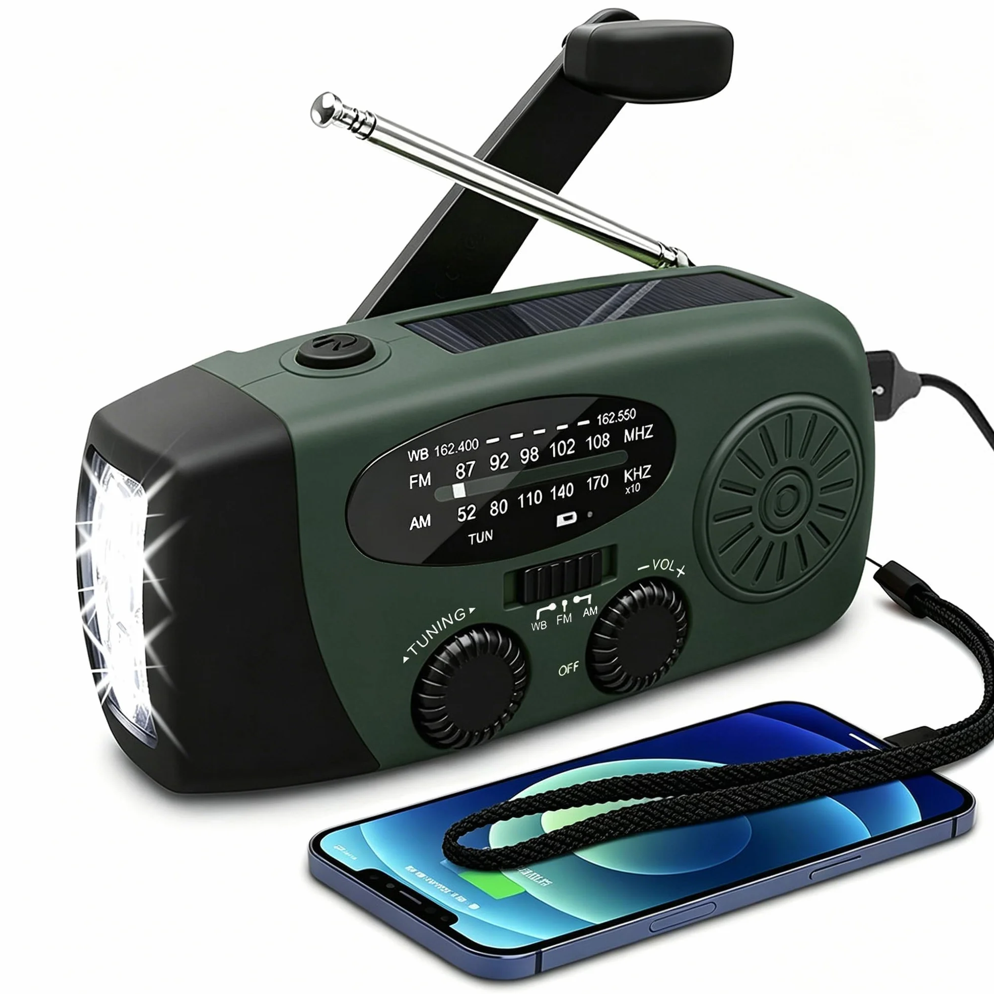 Radio Solar de Emergencia con Manivela Portátil, FM/AM 2000mAh 3 Modos de Luz LED Linterna, Carga Solar USB-C y Manivela, Resistente al Agua Ideal para Camping Viajes Supervivencia y Cortes de Energía