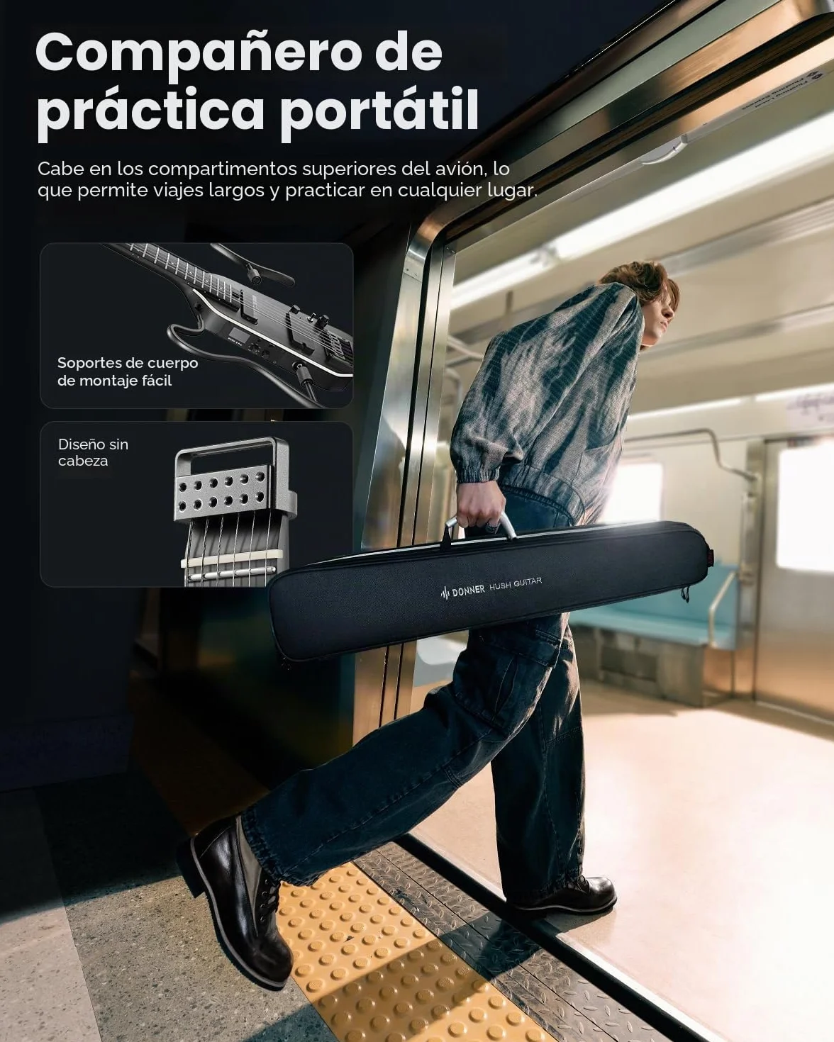 Donner HUSH X PRO Kit de guitarra eléctrica – Guitarra de viaje inteligente con docenas de combinaciones preestablecidas, 7 opciones de simulación de tono, Negro