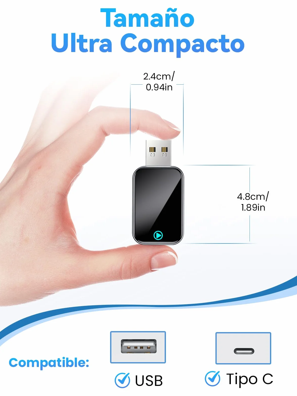 Adaptador Carplay Inalámbrico S2 Mini para iPhone, USB A/C, iOS 10+, Coches 2016+ (Negro)