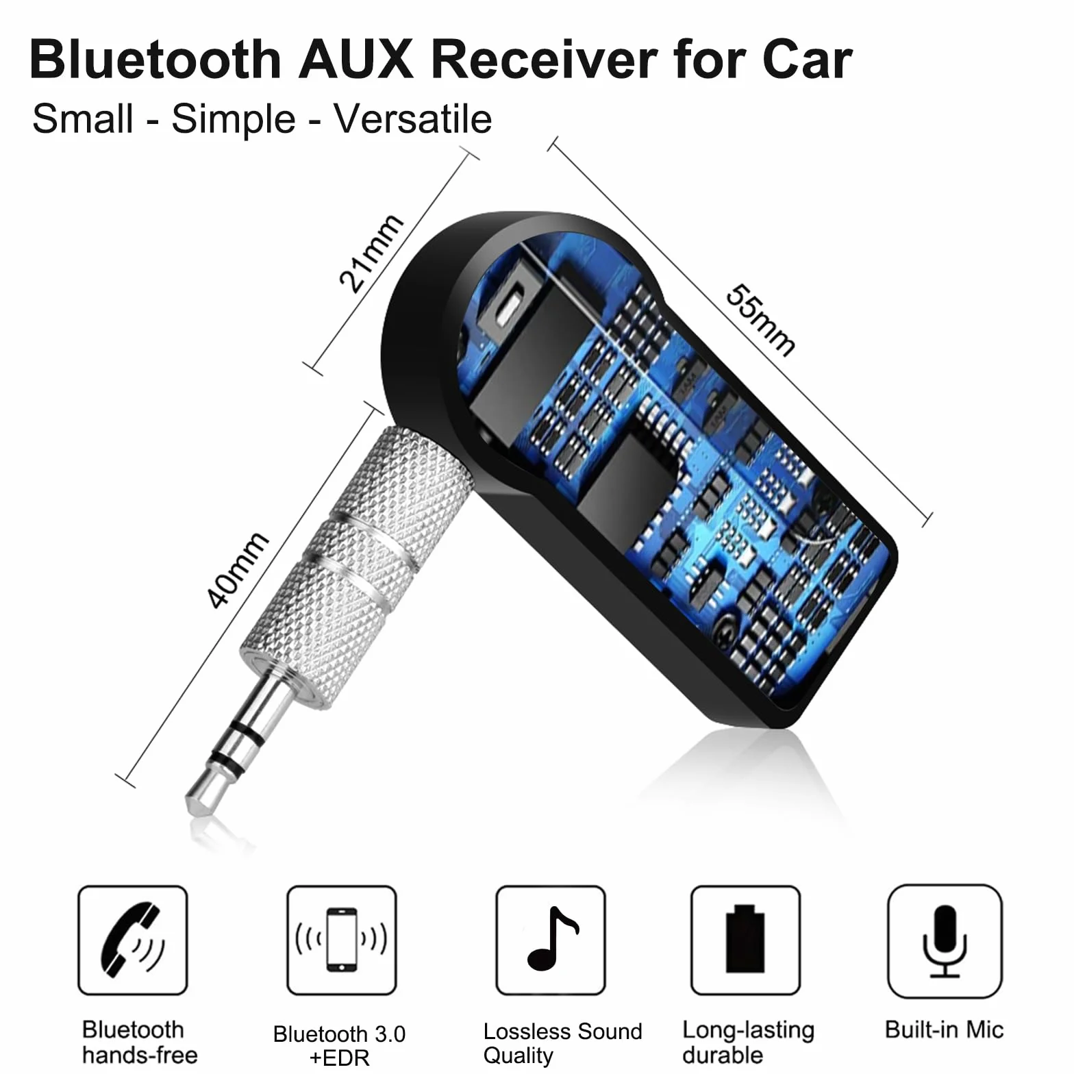 Receptor Bluetooth Jack 3.5mm, AUX Adaptador Audio Bluetooth con 8Hrs de Musica Streaming, Llamadas Manos Libres para Coche/Estéreo Domestico/Altavoz/Auriculares con Cable