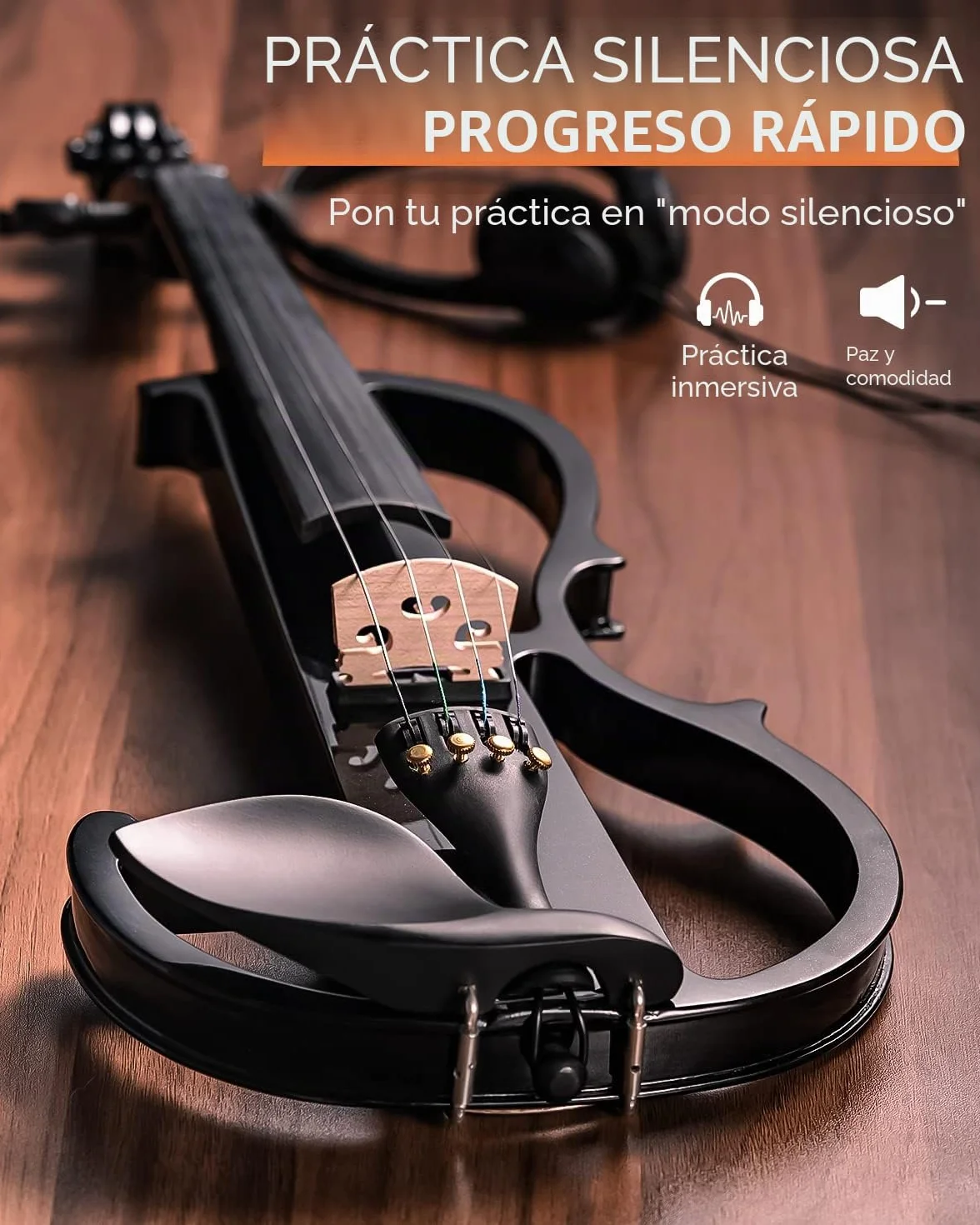 Vangoa Violín Electrico 4/4 Tamaño Completo Violín Silencioso para Principiante Madera Maciza Kit de Violin, Negro