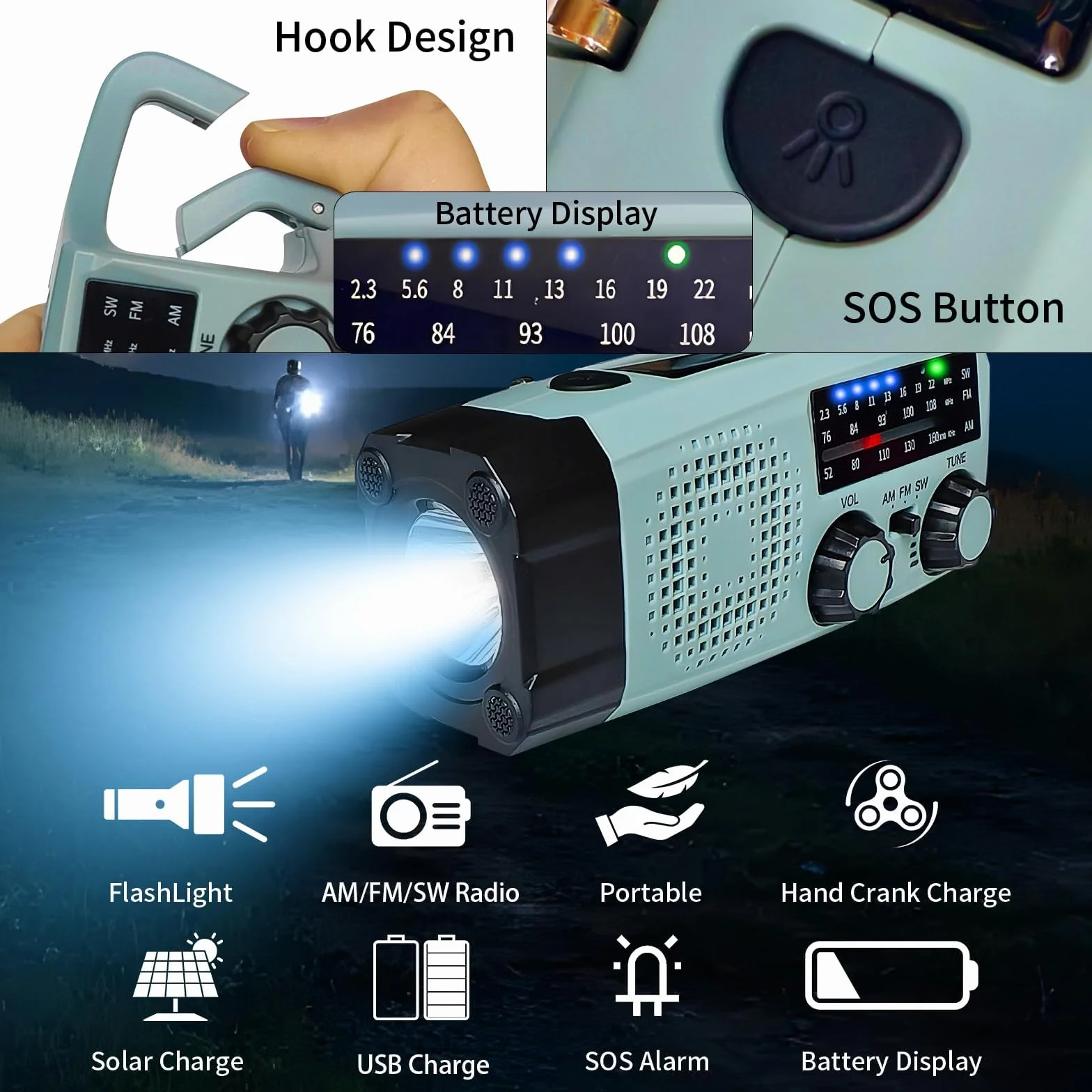 Radio Solar de Emergencia con Manivela, FM/AM/SW Portatil, Linterna LED 2000mAh Powerbank, SOS Alarma, IPX5