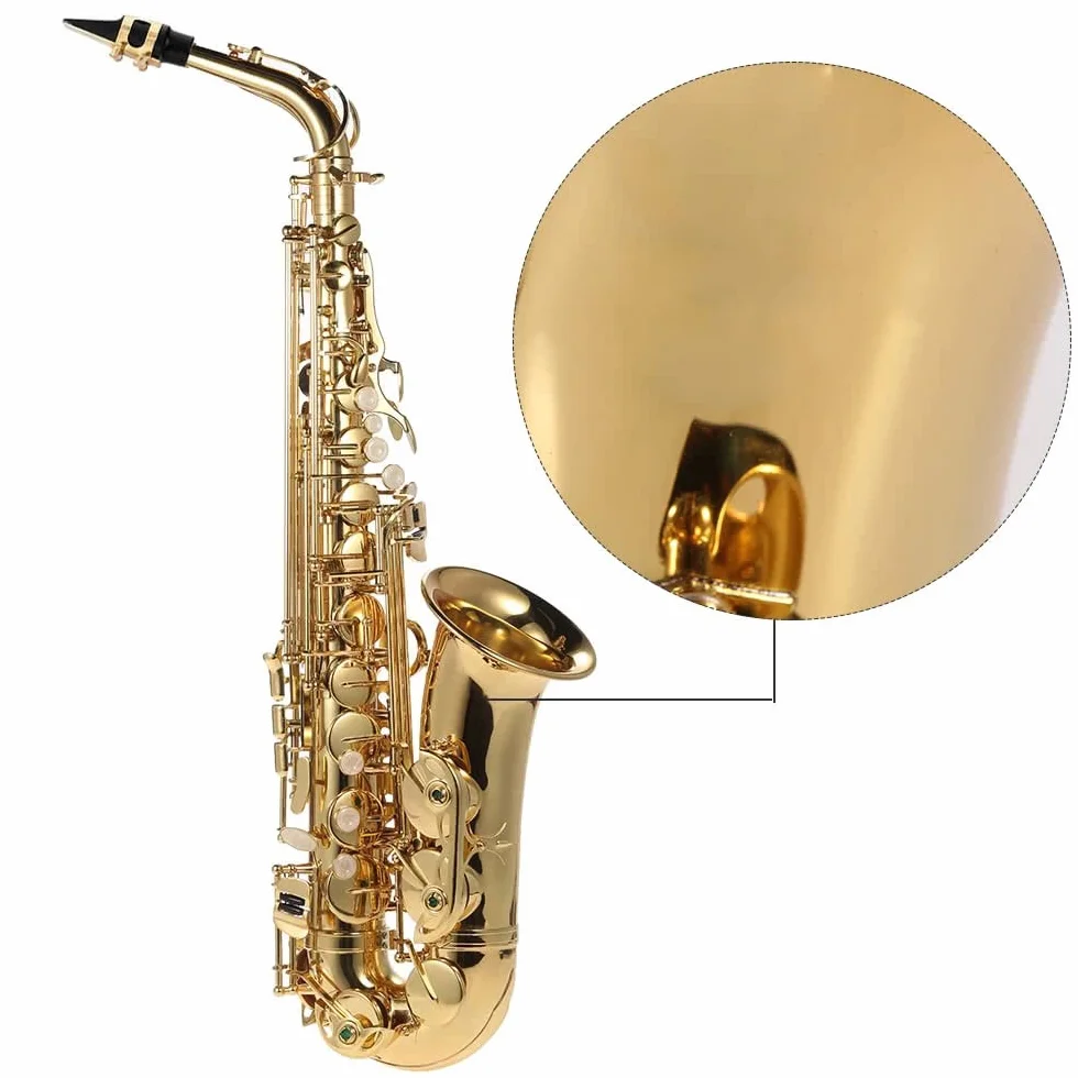 Saxofón alto Saxofón alto Mib Latón lacado oro Saxofón plano en mi 802 Tipo de llave Herramienta de viento con cepillo de limpieza Guantes de tela Funda acolchada con cintu