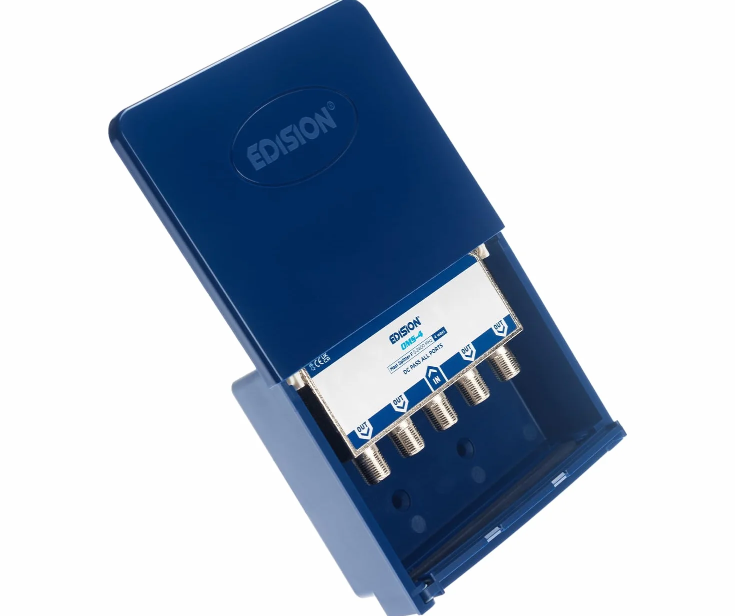 EDISION OMS-4 Repartidor de Mástil 4 Salidas Exterior, Adecuado para Terrestre, Satélite, Televisión por Cable, Unicable, 5-2400mhz, DVB-S2, DVB-T2, DVB-C, Paso de DC, Caja Estanca Exterior, 4-Vías