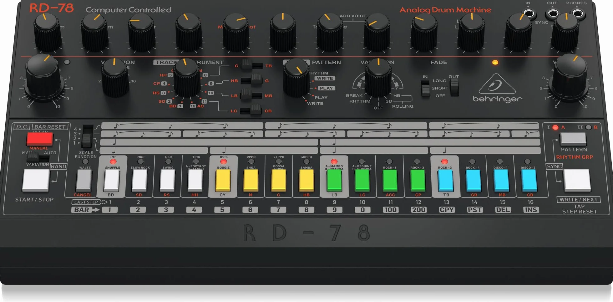 Behringer RD-78 Analog Drum Machine with 15 Drum Sounds, 34 Rhythm Patterns and 16-Step Sequencer