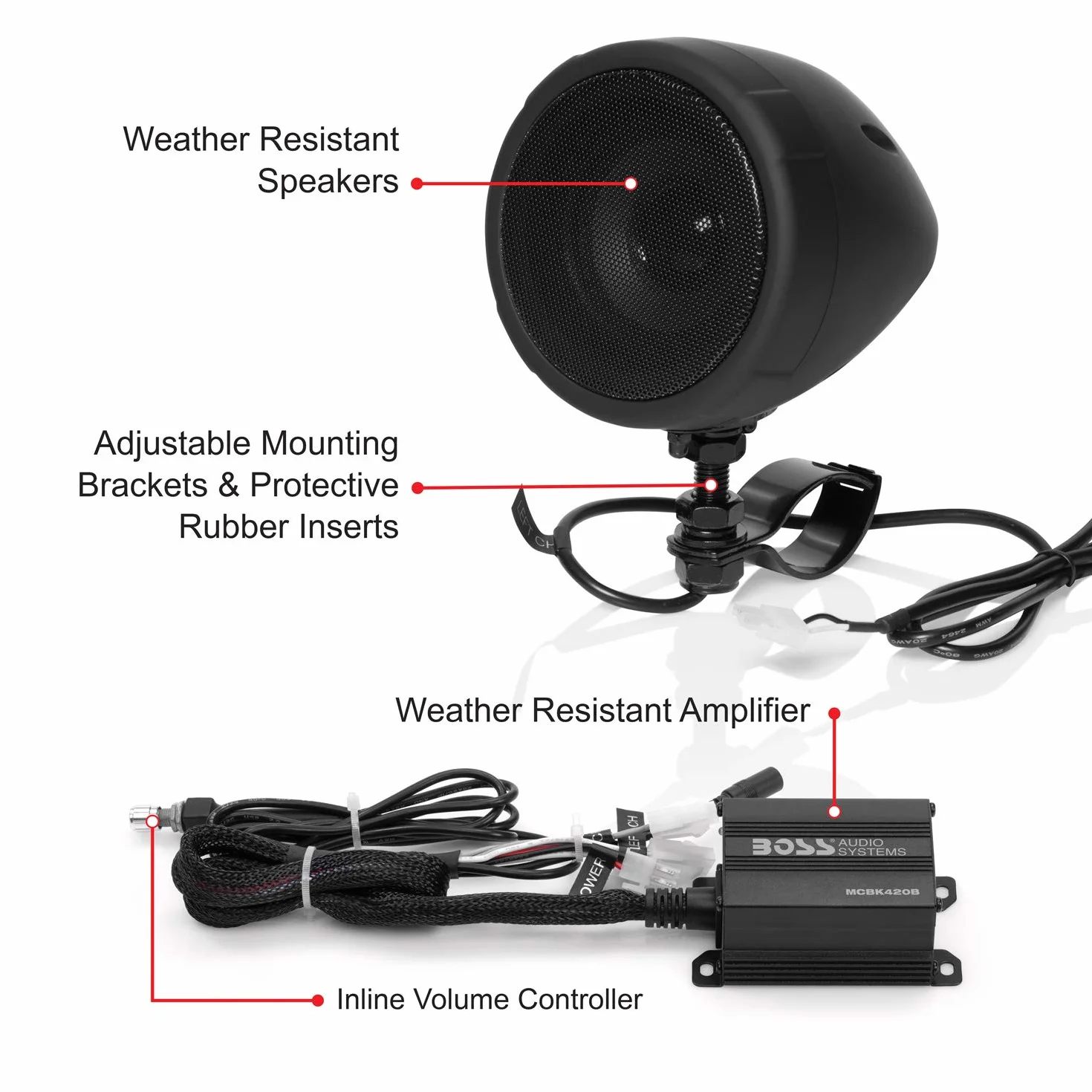 BOSS Audio Systems Sistema de altavoces Bluetooth MCBK420B:amplificador compacto de clase D, altavoces resistentes a la intemperie de 3 pulgadas,ideal para usar con vehículos todo terreno/motocicletas