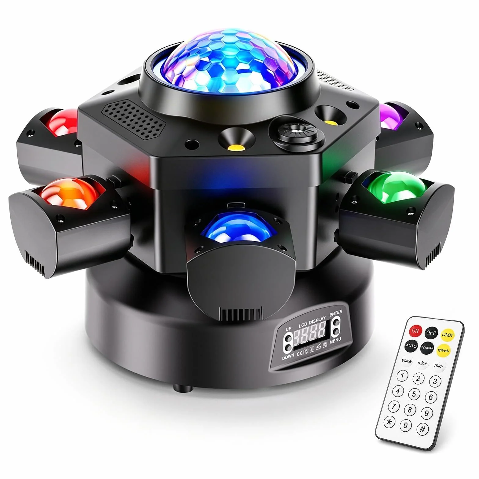 150W Cabeza Móvil LED con Bola Luces Discoteca RGBW Beam Moving Head 6 brazos luminosos con control remoto para Fiesta DJ Bar Cumpleaños Familia