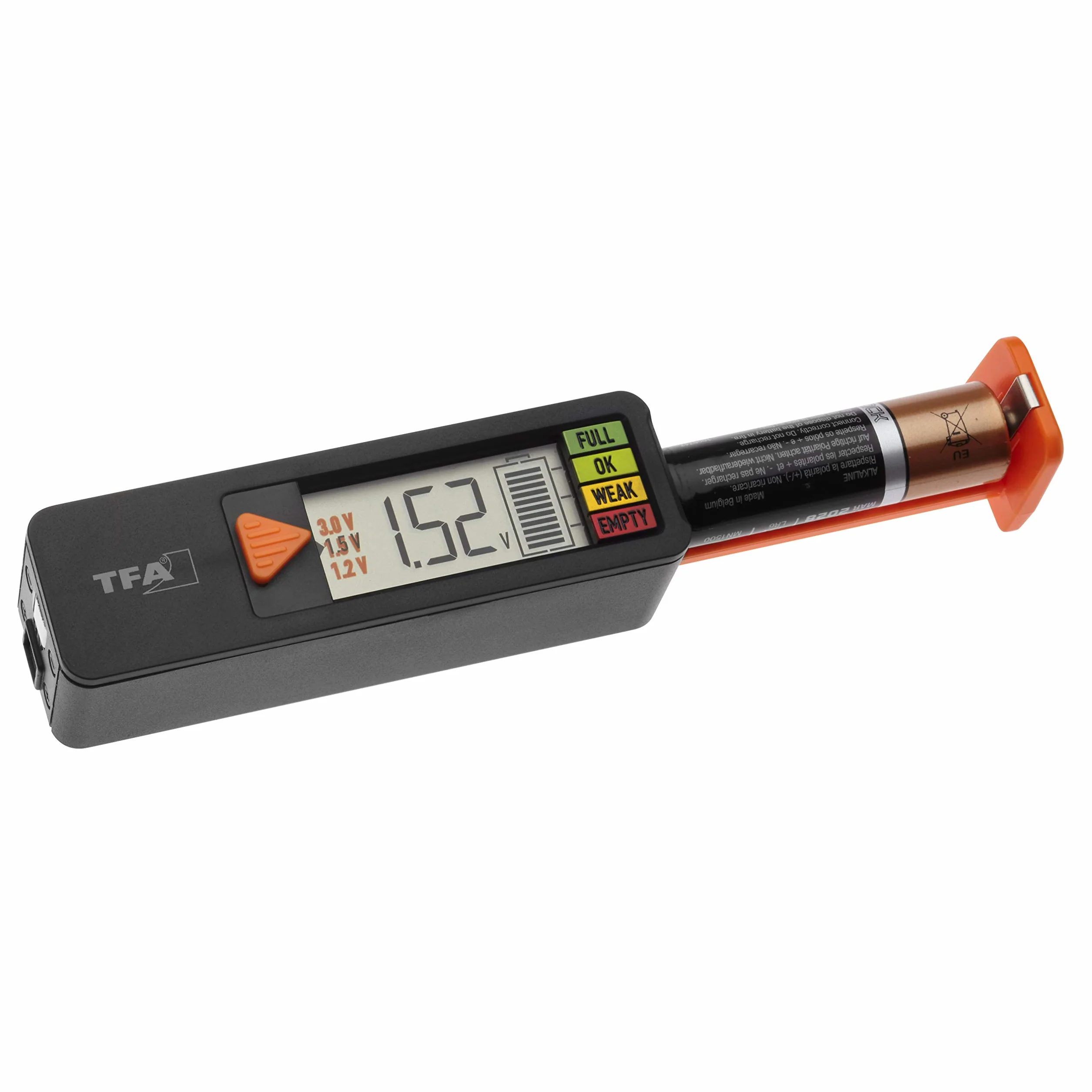 TFA Dostmann BatteryCheck 98.1126.01 - Comprobador de batería para pilas y baterías (AAA,AA,C,D), pila de botón, batería de bloque, indicador de estado de carga, negro, (L)89 (150 x (W) 25 x (H) 27 mm