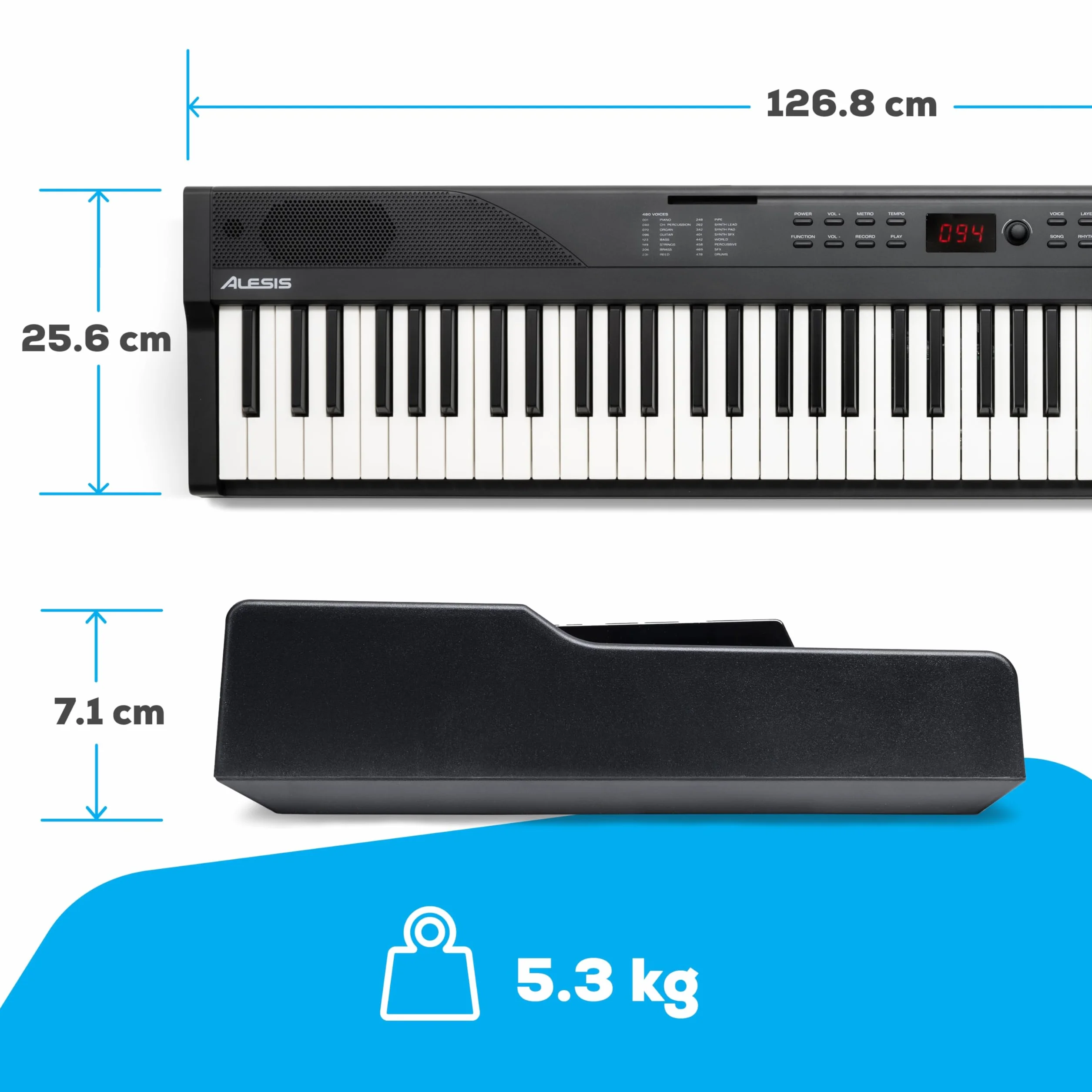 Alesis Teclado Piano con 88 Teclas y 480 Sonidos, Altavoces, MIDI USB, Estuche, Soporte, Auriculares, Pedal y Lecciones de Piano Incluidas