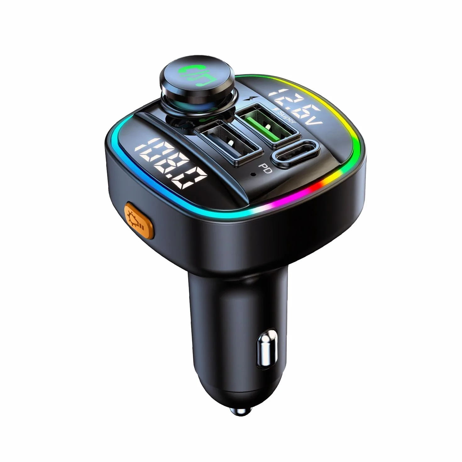 QUMOX Transmisor FM Bluetooth 5.0 para Coche, Adaptador C22 con Carga Rápida PD 20W, Pantalla de Voltaje, Gran Perilla de Control, Reproducción USB/TF, Asistente de Voz, Llamadas Manos Libres