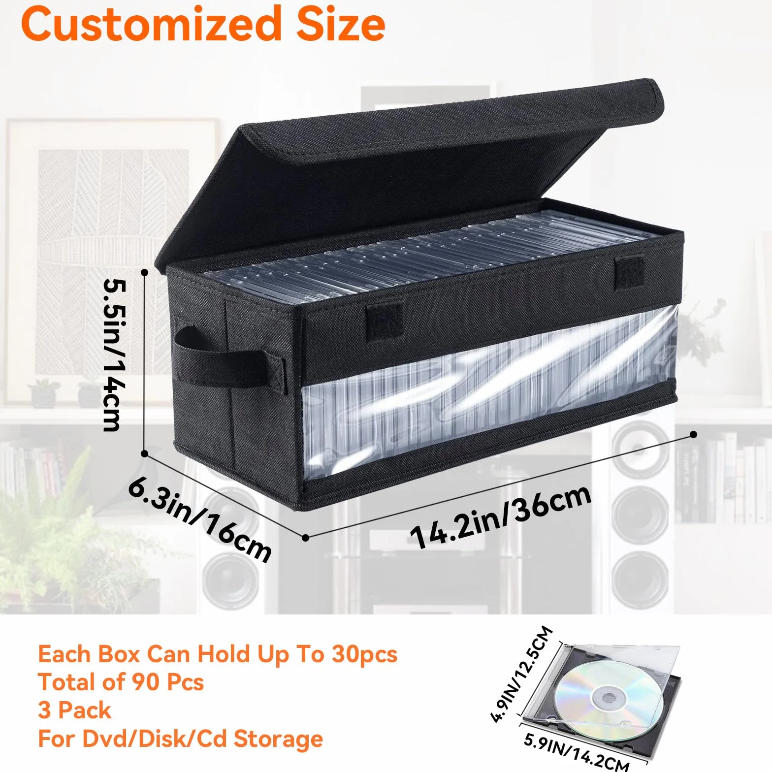3 Piezas Cajas De Almacenamiento Para Cd Apilable,Caja Cd Tiene Capacidad Para 32 Cd,Caja Almacenamiento Con Ventana De Visualización,Adecuado Para Libros, Documentos, Juguetes,Negro