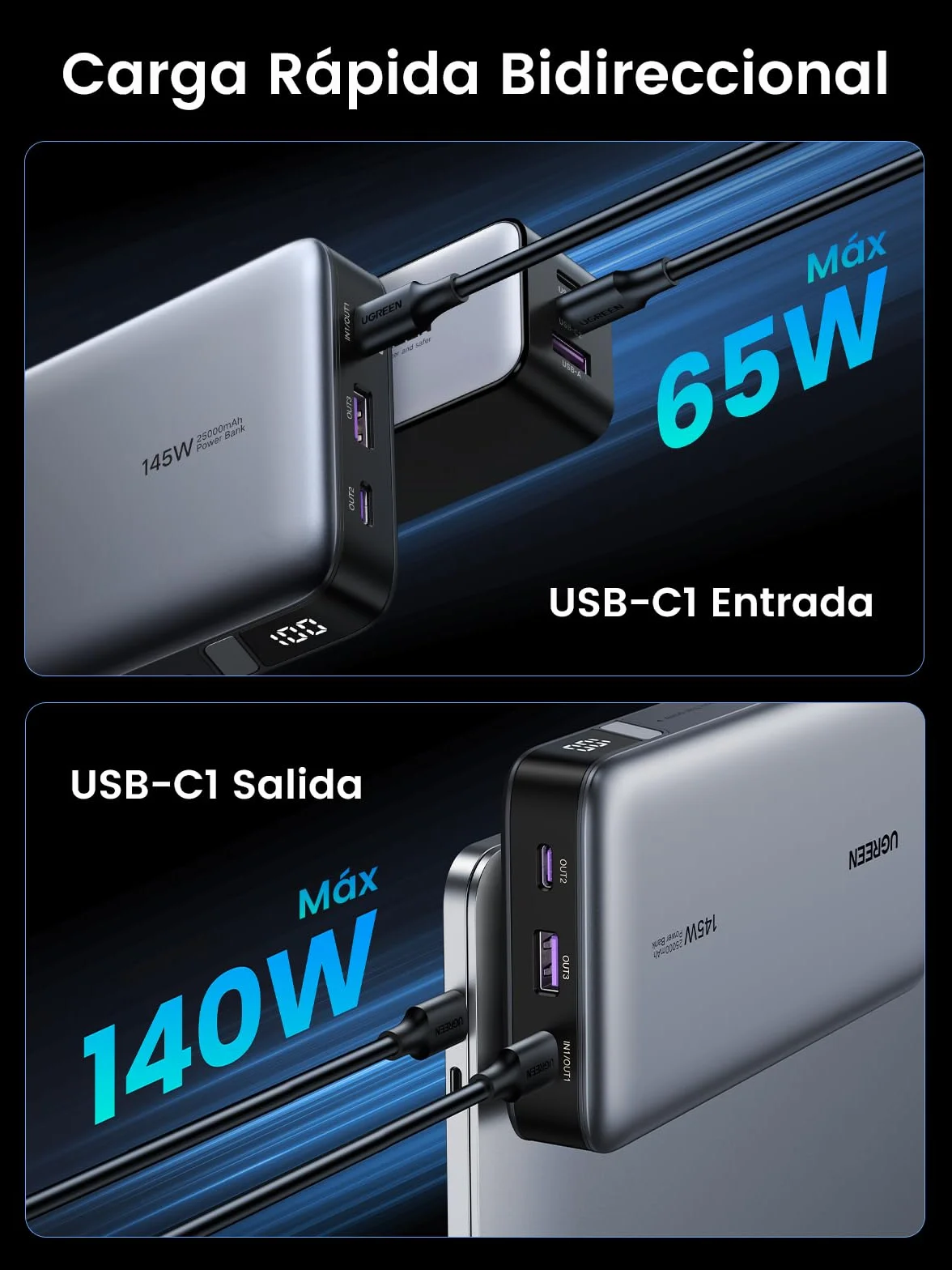 UGREEN Nexode 145W Power Bank 25000mAh Batería Externa USB C Carga Rápida PD3.1 140W 3 Puertos Cargador Portátil PC LED Compatible con iPhone 17 16 15 14 Plus Pro MAX Air Galaxy S25 S24 MacBook iPad