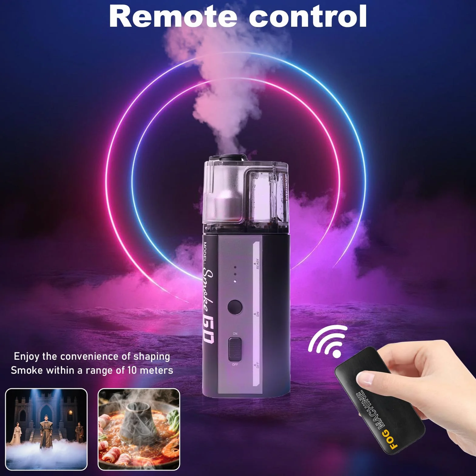 Mini máquina de niebla con mando a distancia inalámbrico, Leikurvo de 30 W portátil con batería, alcance de 10 m, máquina de humo recargable para fotografía, bodas, fiestas y Halloween