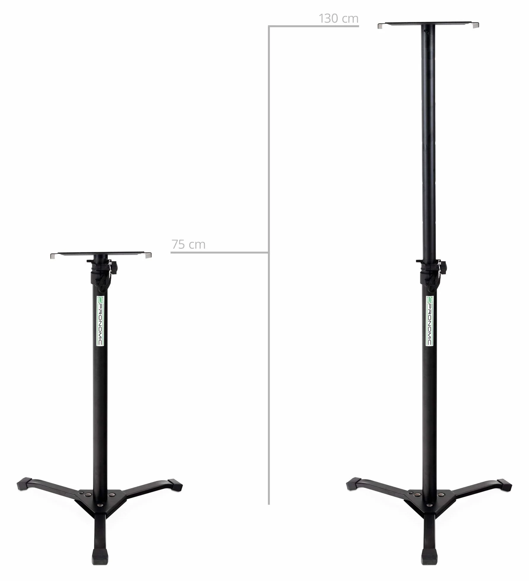 Pronomic Juego de 2 Soportes Plegables SLS-20 para Monitores de Estudio - Patas Plegables - Altura Ajustable de 75 cm a 130 cm - Superficie con Tiras de Cierre de Contacto - Negro
