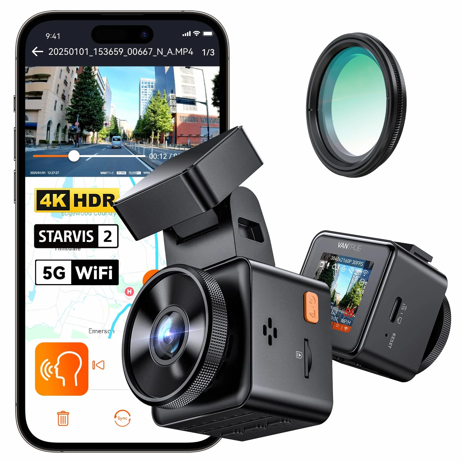 VANTRUE E1 Pro 4K Mini cámara de salpicadero Frontal, STARVIS 2 Plate Pix™ HDR, GPS WiFi 5G Integrado, Control de Voz, Modo de estacionamiento con búfer 24/7, Compatible con 1 TB máx.