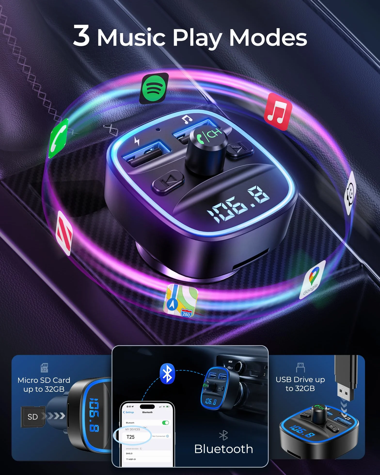 LENCENT Transmisor FM Bluetooth Coche Manos Libres Inalámbrico Reproductor MP3 Adaptador Radio Dual USB 5V/2.4A 1A SD USB