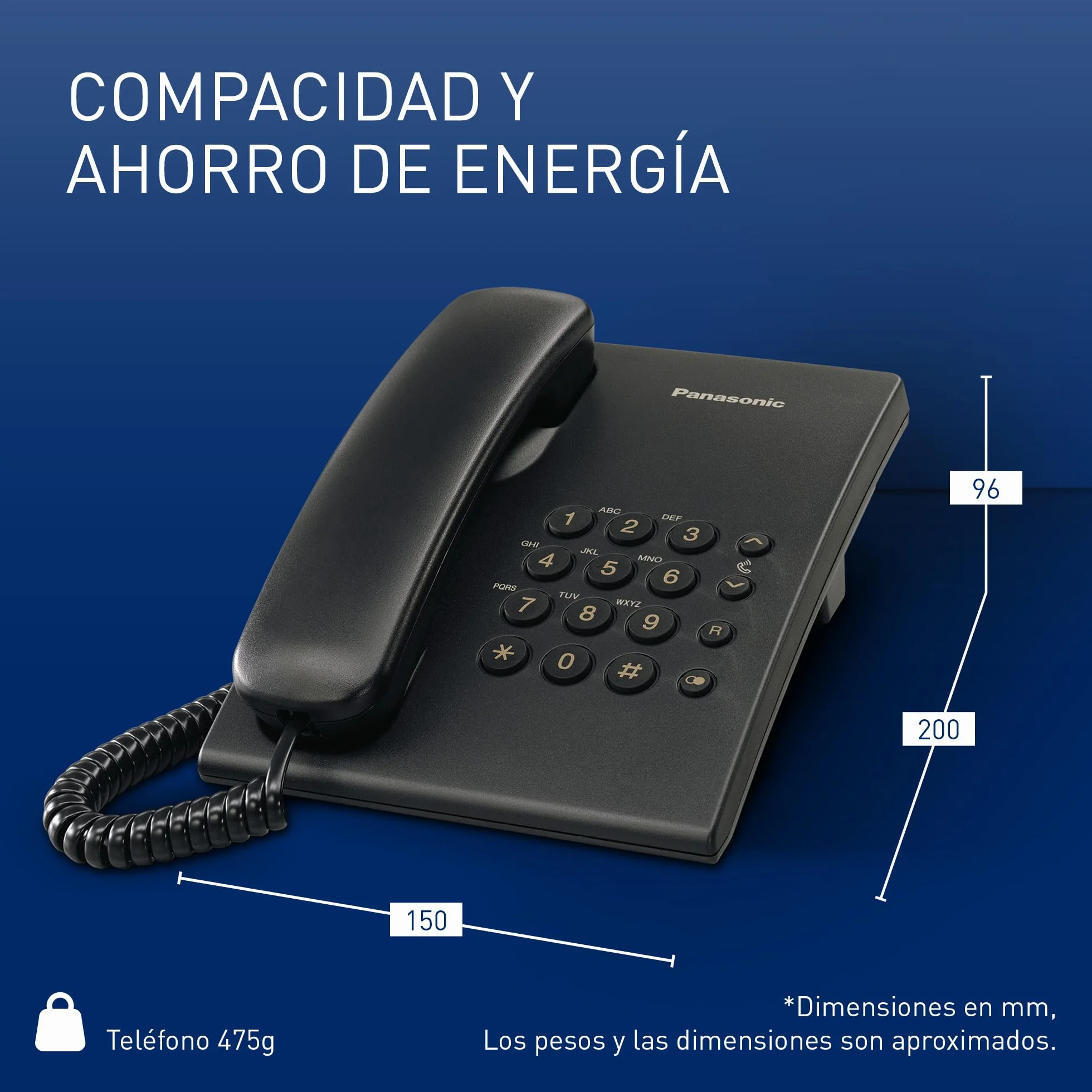 Panasonic KX TS500EXB - Teléfono Fijo con Cable para Hogar u Oficina, Montaje en Pared o Escritorio, Control de Volumen, Repetición de Número, Color Negro