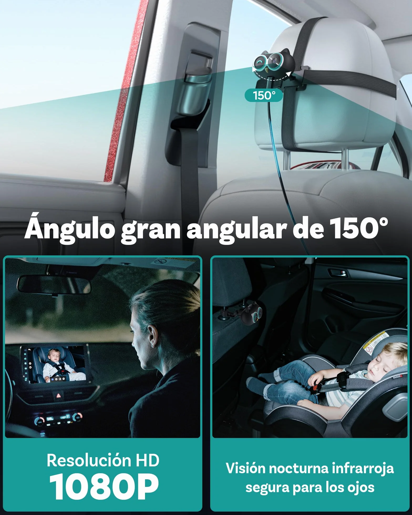 OTTOCAST Cabin Care 2026, CarPlay Inalámbrico + Cámara Trasera de Seguridad para Bebés/Mascotas, 1080P, IR Visión Nocturna, Ultra Gran Angular 150°, Compatible iOS 10+ y Coches con Carplay Desde 2016
