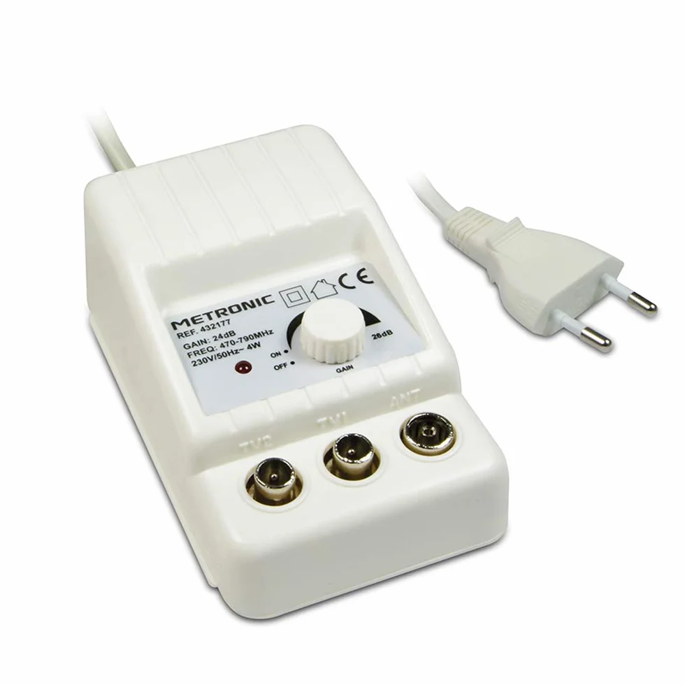 Metronic 432187 Amplificador TV FM/VHF/UHF para Digital terrestre con Filtro LTE, 2 x 24dB Ajustables, 1 Entrada/2 Salidas, de Interior, 47/790 MHz, Blanco