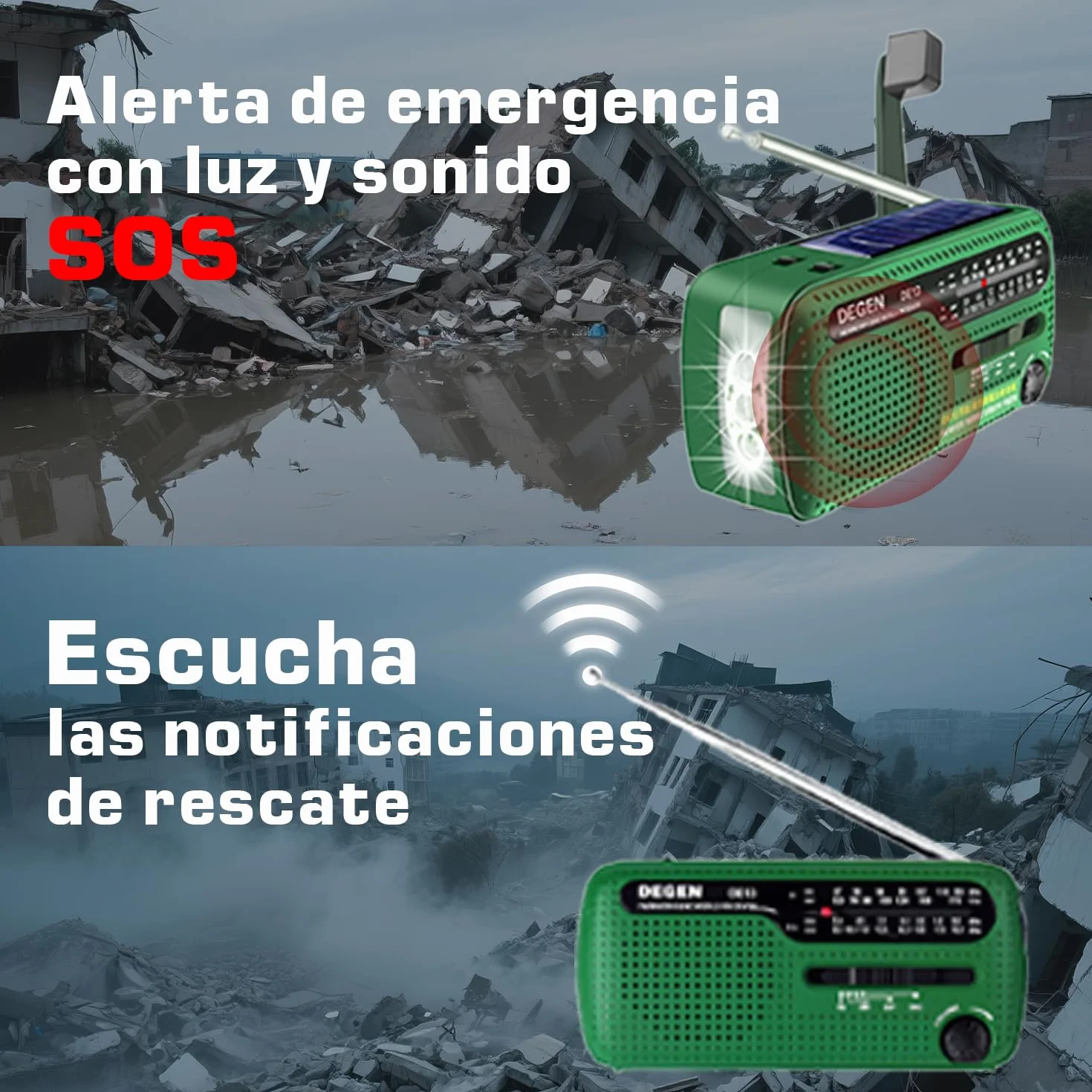 DE13 Radio a Pilas Solar de Emergencia con Manivel, Radio Portátil Pequeña FM Am SW Energía Solar, Manivela de Dinamo Manual Linterna Lámpara de Campamento for Apagón