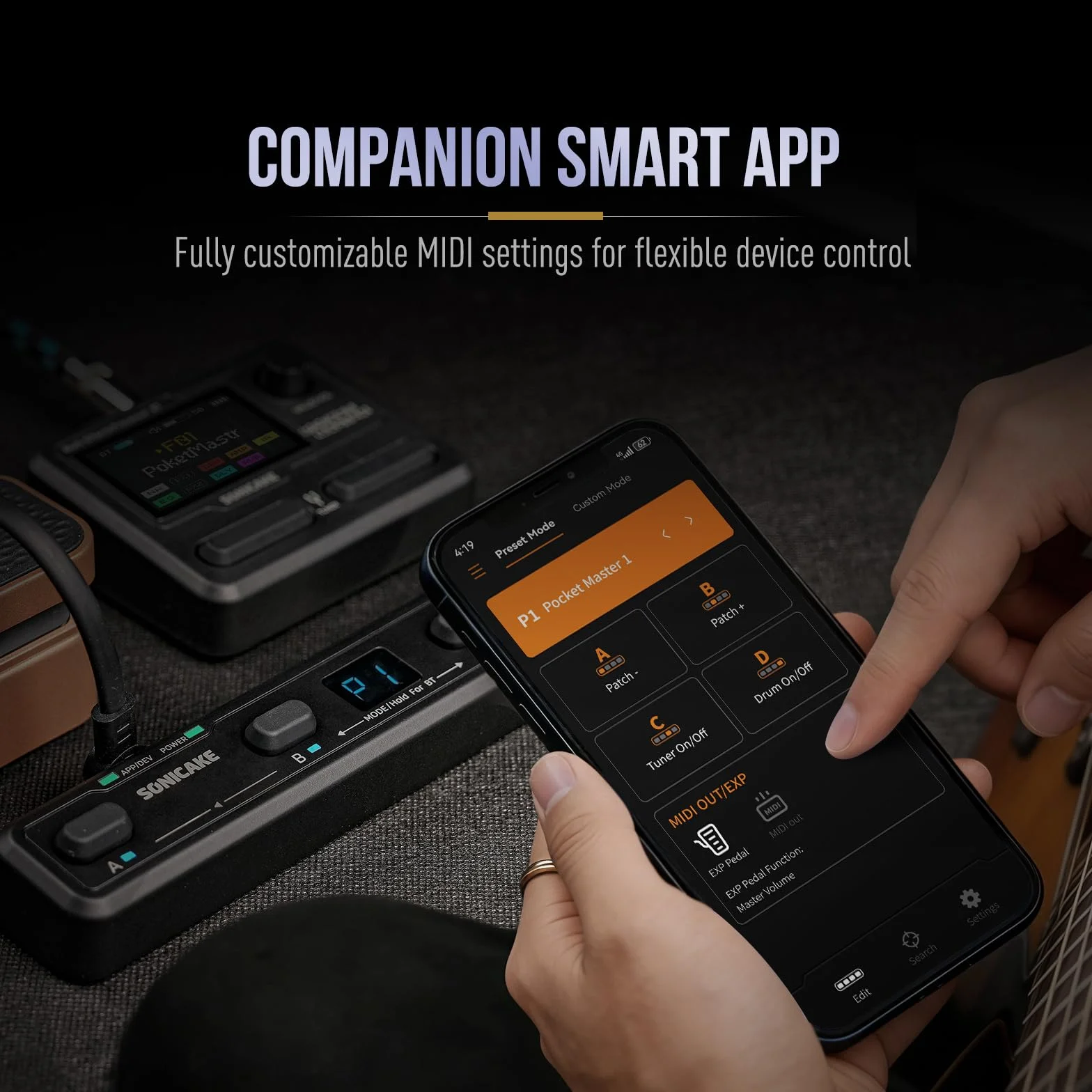 SONICAKE Controlador MIDI Inalámbrico Pedal de Efectos con 4 Botones y App BT Pocket Control (Negro)