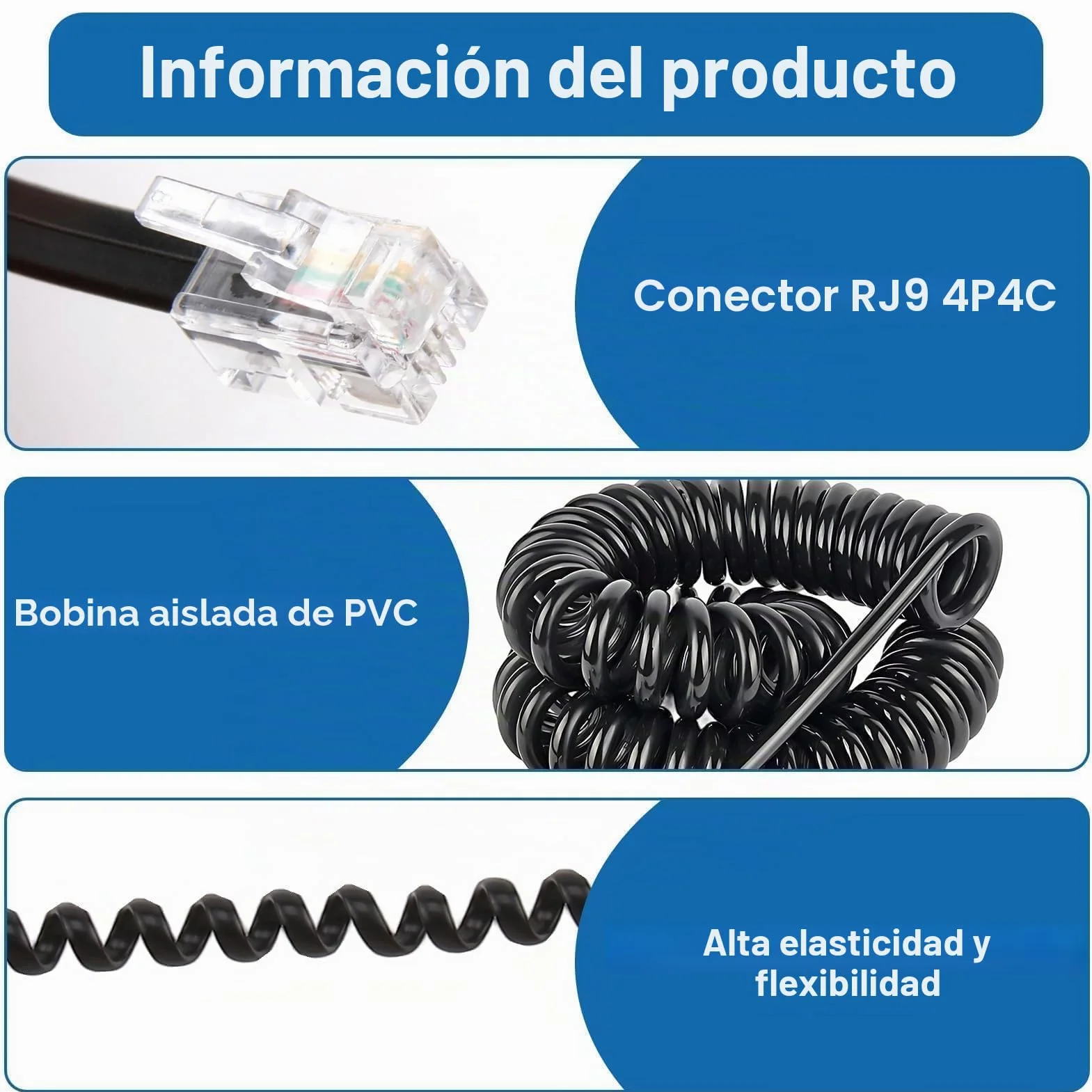 Paquete de 4 Cable Telefónico RJ9 RJ22 RJ10 2.5m en Espiral 4 Hilos 4P4C AT&T Cisco NEC ROLM