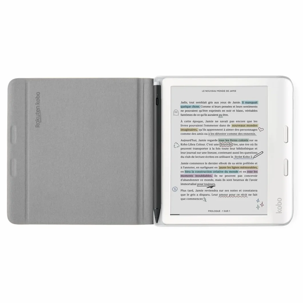 Funda Kobo Libra Colour Stylus Beige Arena Cuero Vegano Soporte 2 Posiciones 7"