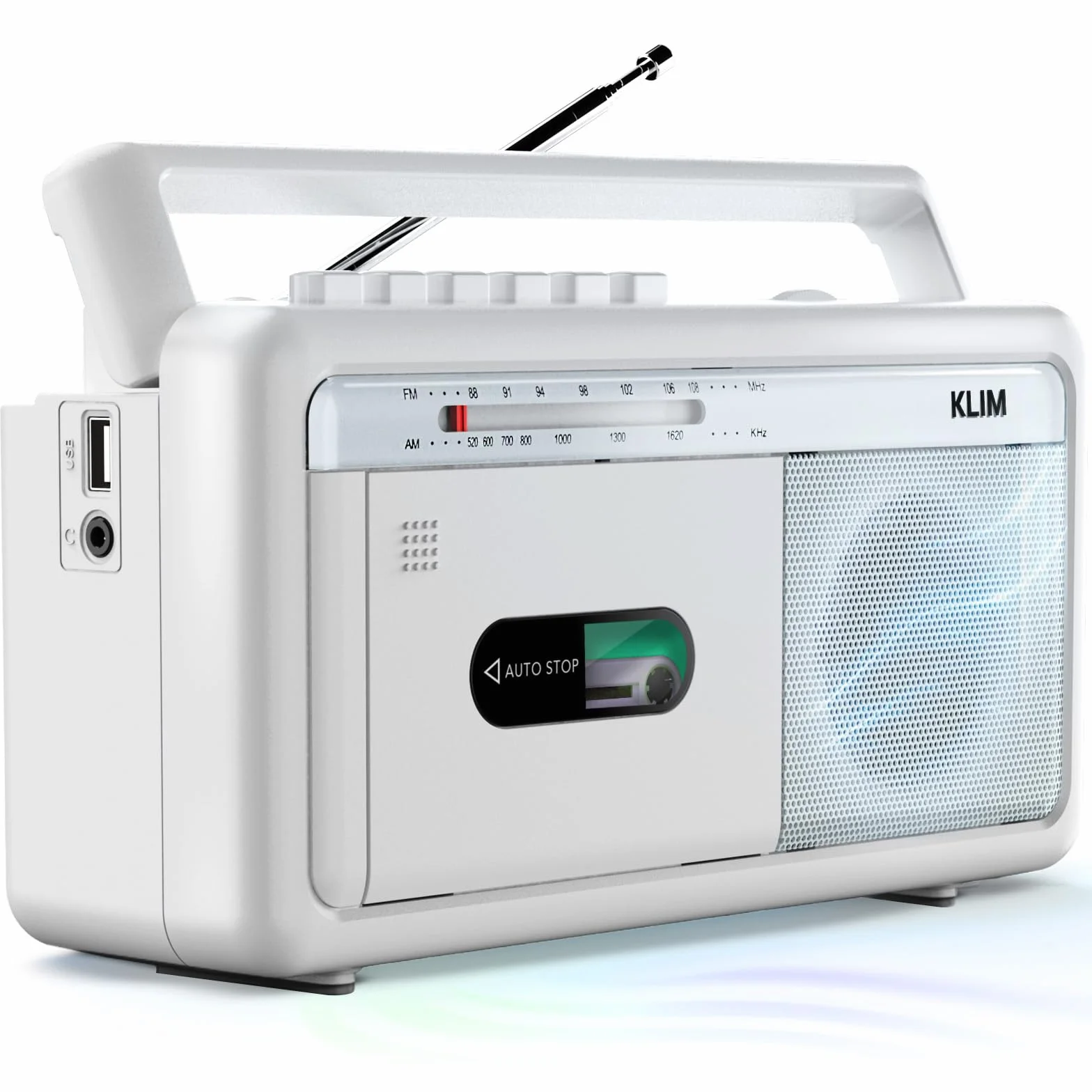 KLIM Boombox Cassette Player AM/FM Radio Bluetooth USB Retro Portable - White Frost
