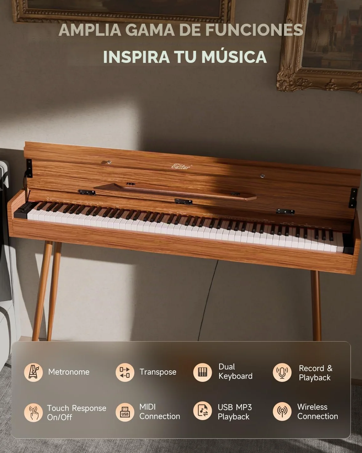 Eastar EUP-100 Piano de Teclado Contrapesado 88 Teclas, Piano Digital para Principiantes,con Funda, Auriculares, Pegatinas Musicales, Tres Pedales, Conexión Inalámbrica, Grabación, MIDI- Madera Retro