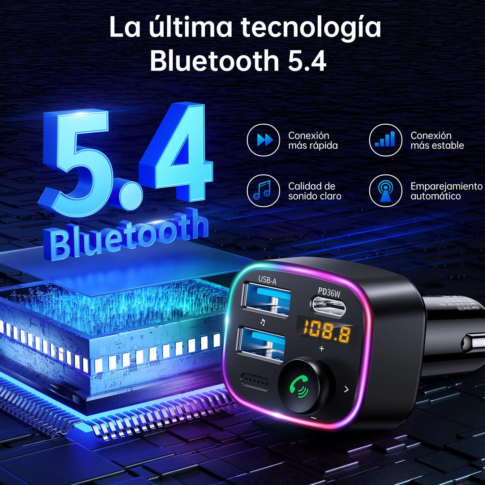 SYNCWIRE Transmisor FM Bluetooth 5.4 para Coche,48W(PD 36W & 12W) Doble USB Cargador Adaptador Receptor de Radio Inalámbrico,Pantalla LED,Llamadas Manos Libres,Soporte Unidad USB de 64GB,Negro