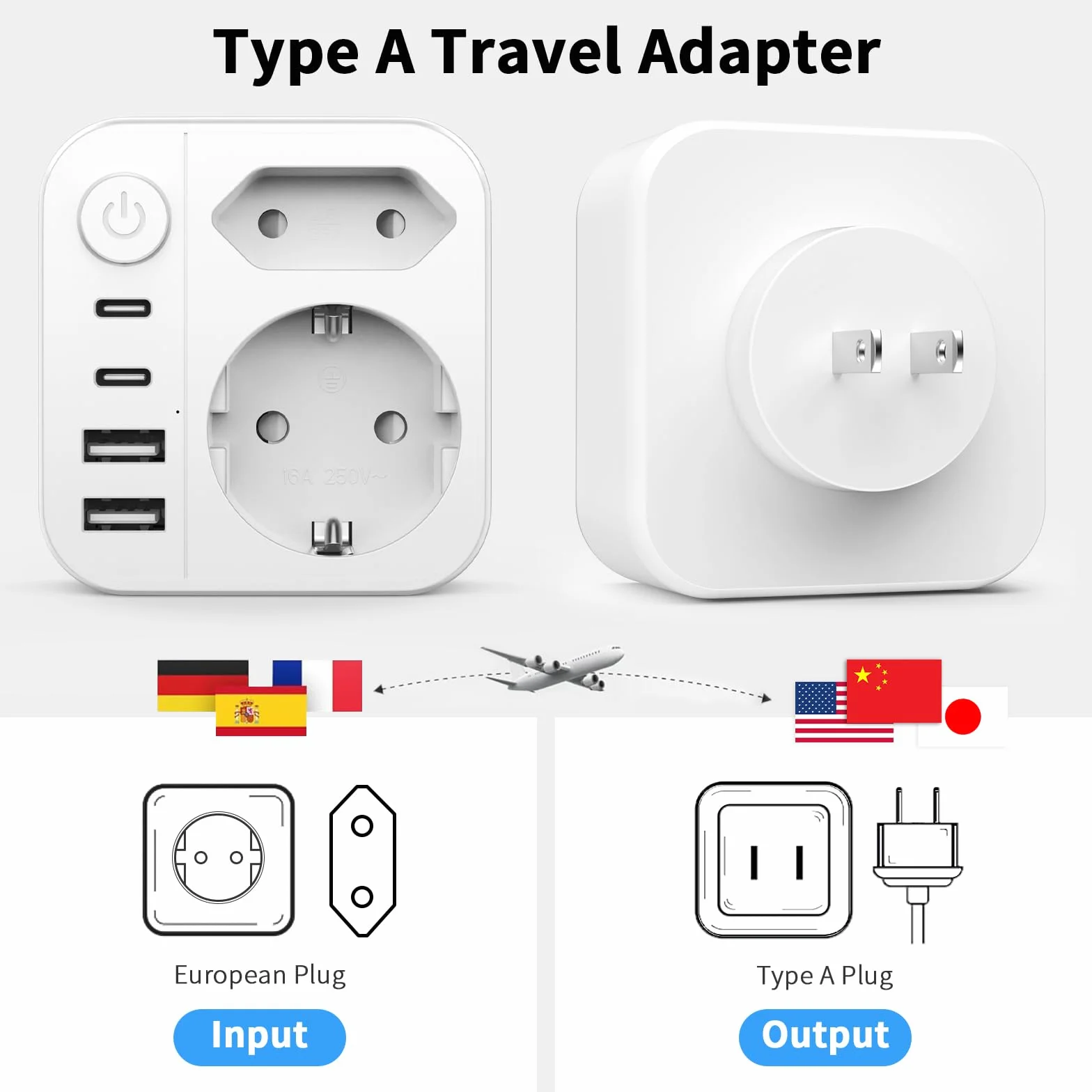 Adaptador Enchufe Japon 2500W 6 en 1 Tipo A 2 USB A 2 USB C Viaje Español a Japones América México Canadá Tailandia